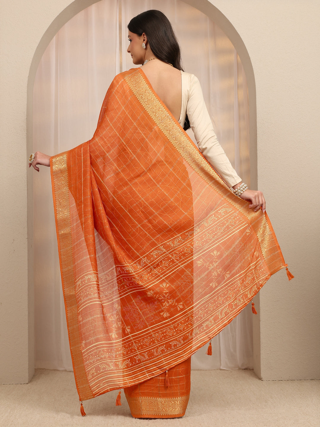 Orange Checkered Silk Blend Saree 
With Unstitched Blouse Piece 