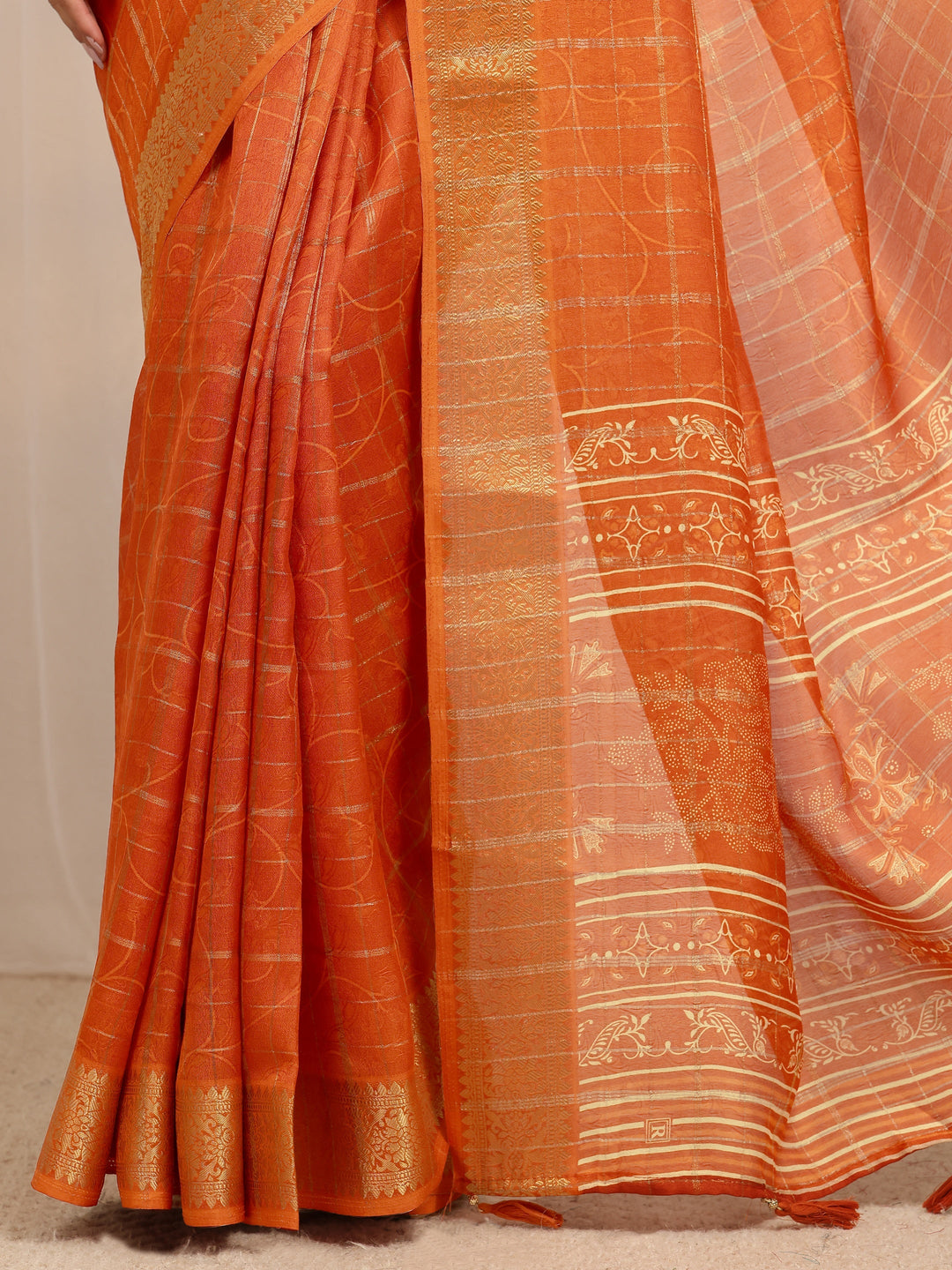  Orange Checkered Silk Blend Saree 
With Unstitched Blouse Piece 