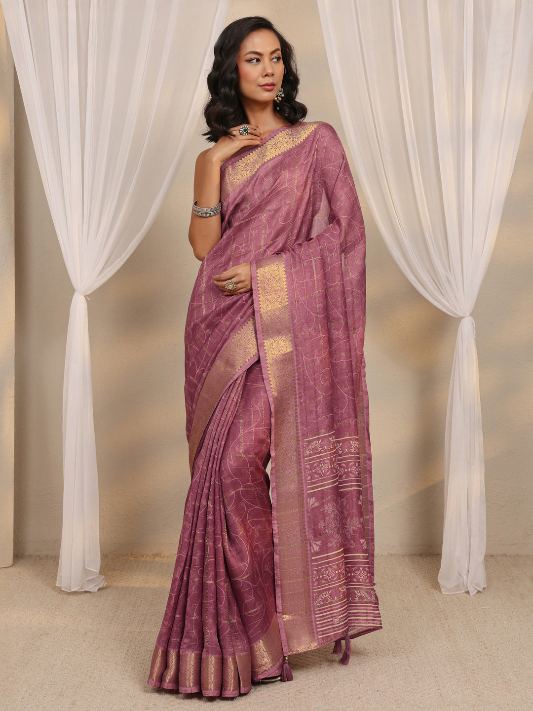  Mauve Woven Design Silk Blend Saree With Unstitched Blouse Piece 