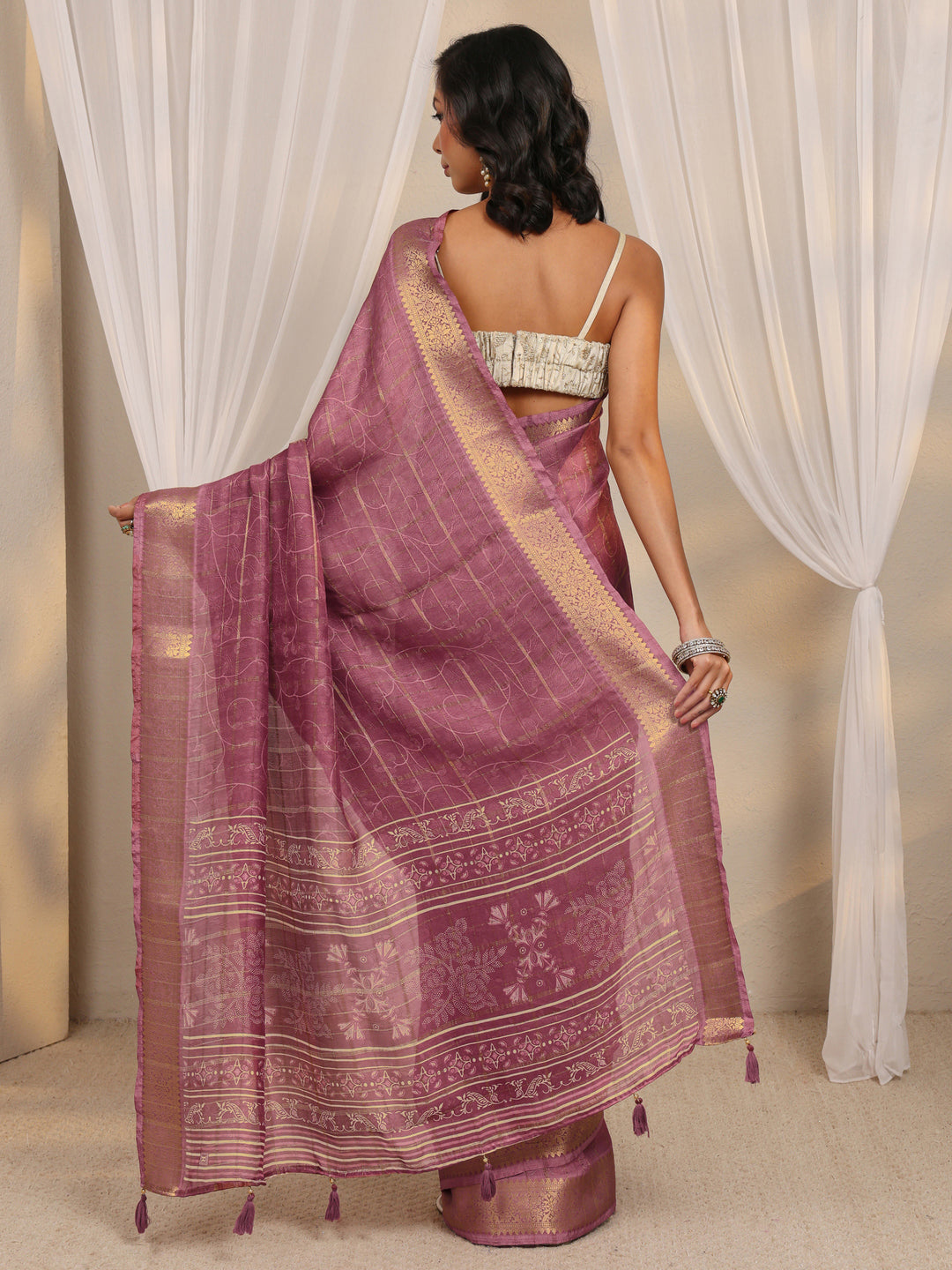  Mauve Woven Design Silk Blend Saree With Unstitched Blouse Piece 