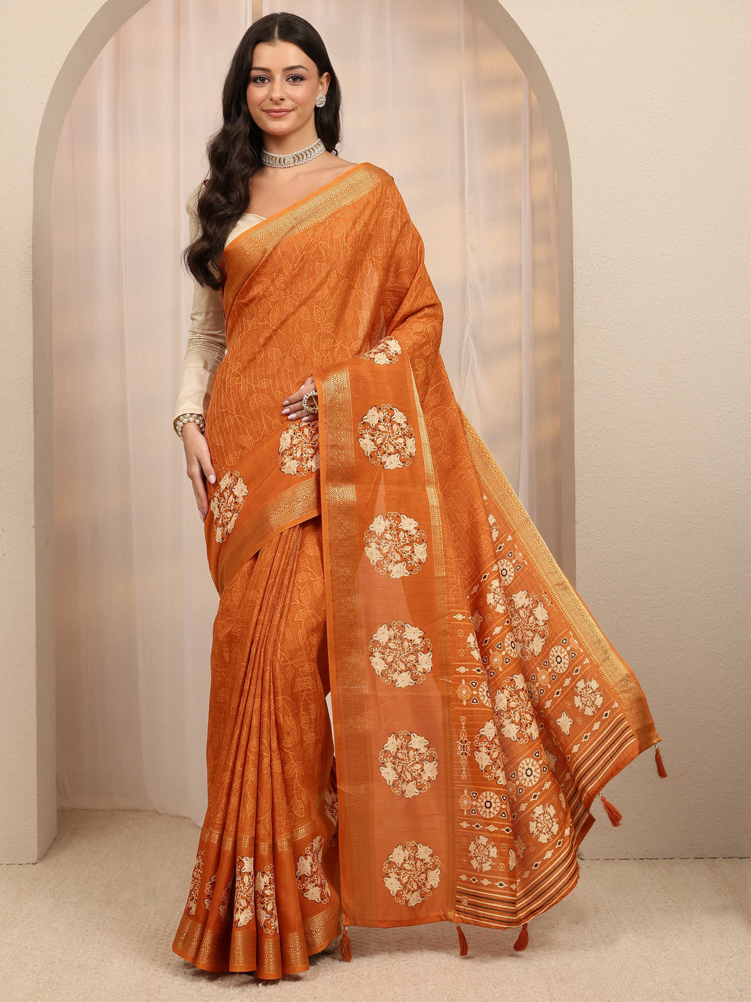  Orange Bandhani Printed Silk Blend Saree 
With Unstitched Blouse Piece 