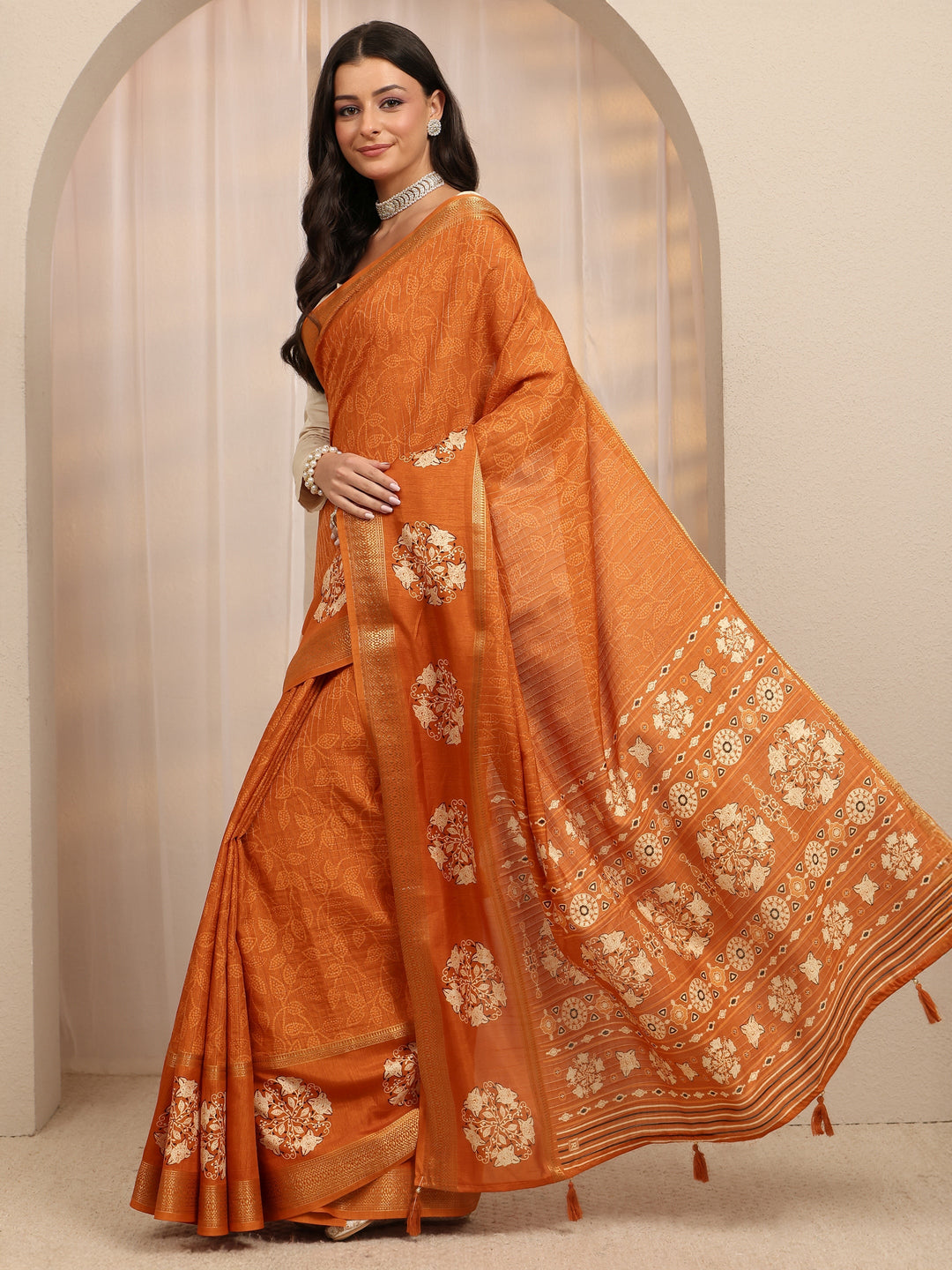  Orange Bandhani Printed Silk Blend Saree 
With Unstitched Blouse Piece 