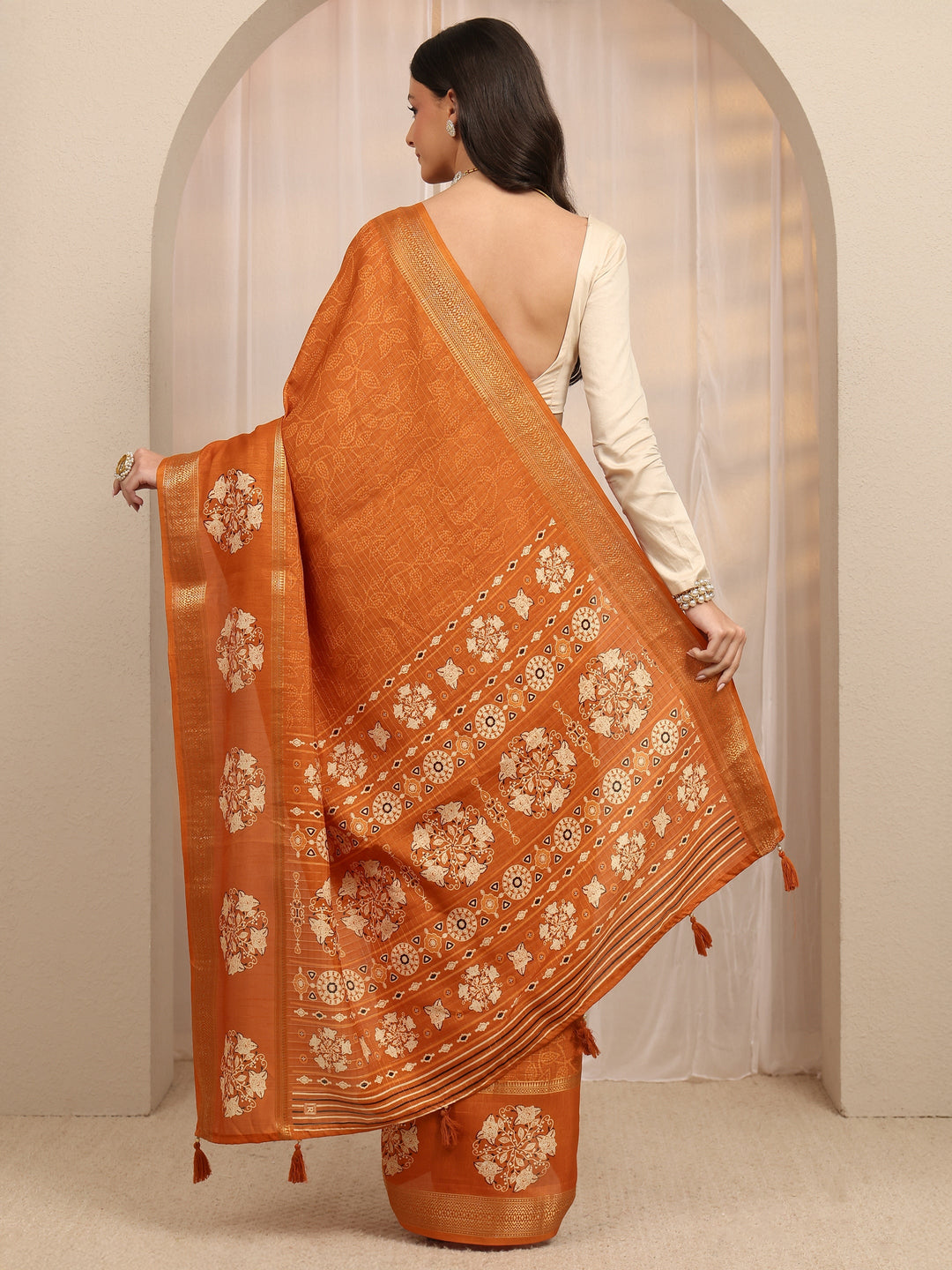  Orange Bandhani Printed Silk Blend Saree 
With Unstitched Blouse Piece 