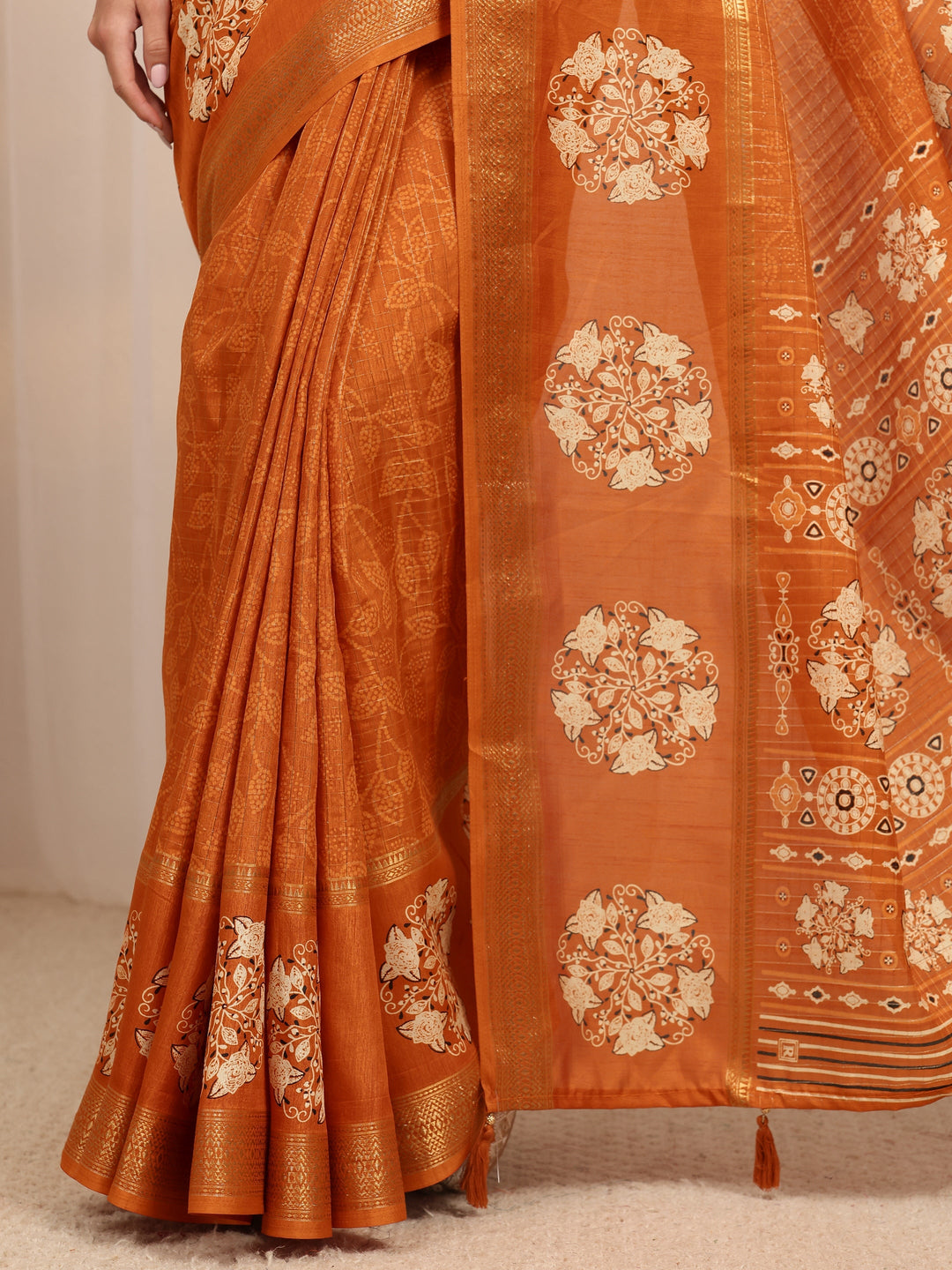  Orange Bandhani Printed Silk Blend Saree 
With Unstitched Blouse Piece 