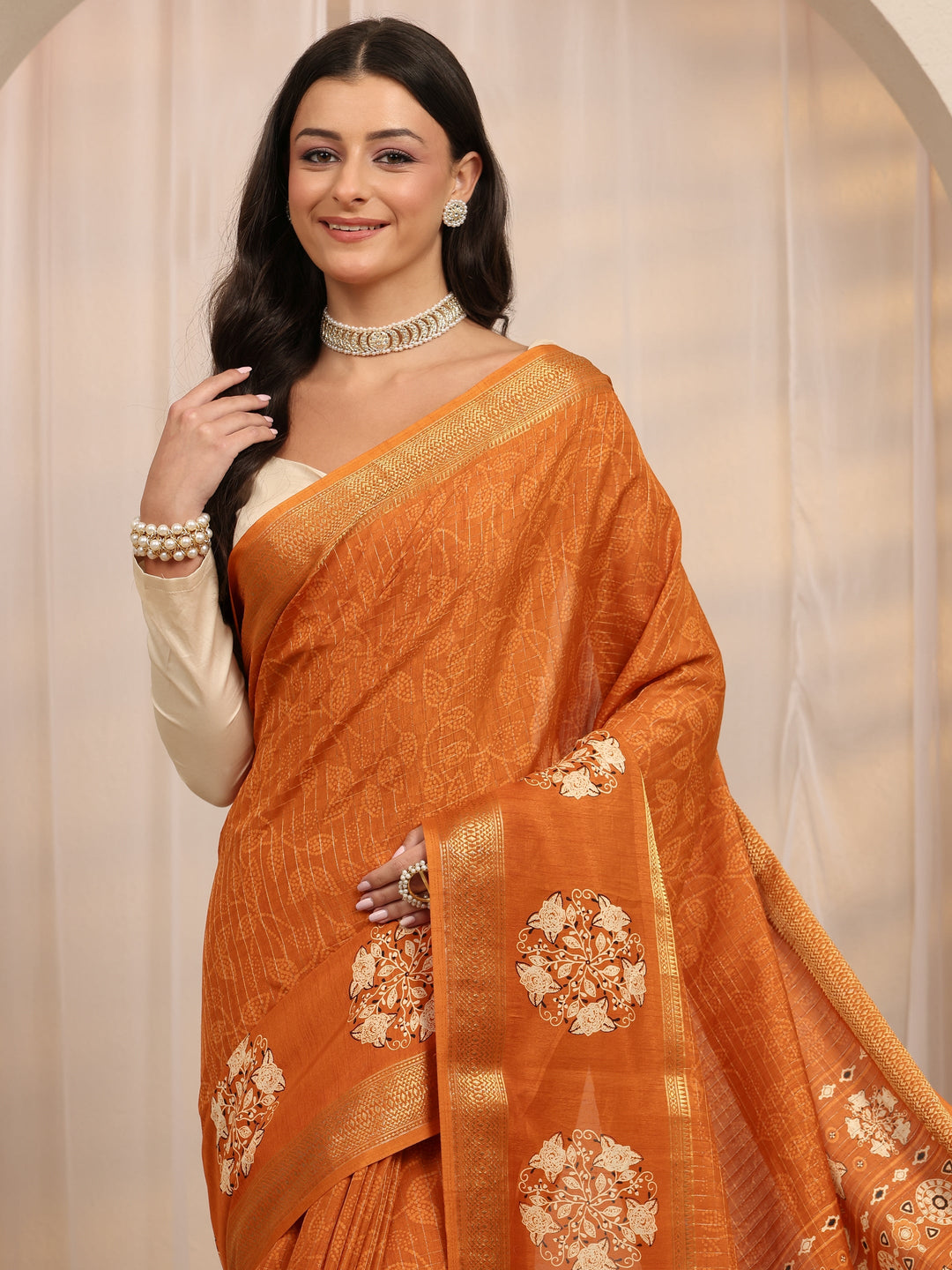  Orange Bandhani Printed Silk Blend Saree 
With Unstitched Blouse Piece 