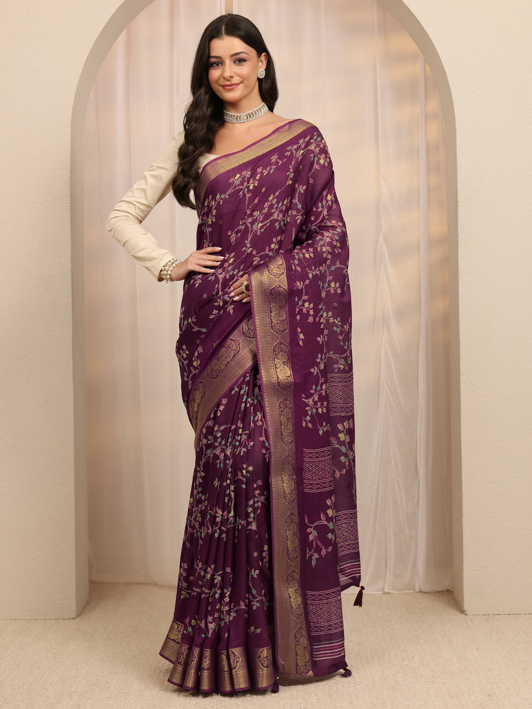  Burgundy Floral Printed Silk Blend Saree 
With Unstitched Blouse Piece 