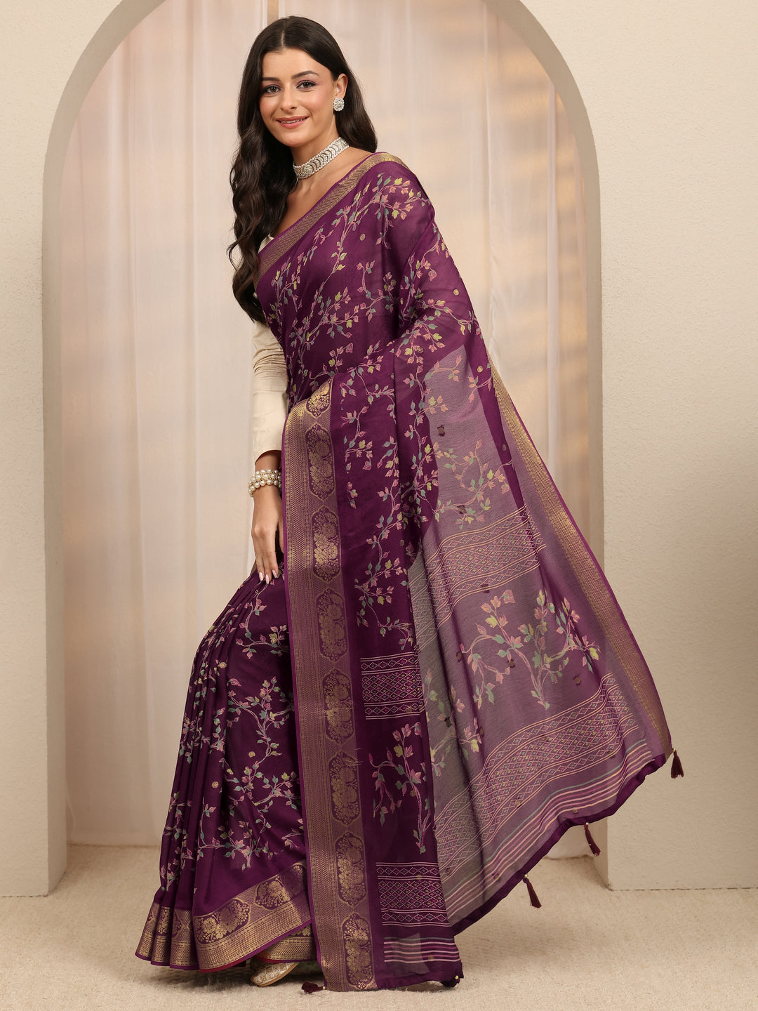  Burgundy Floral Printed Silk Blend Saree 
With Unstitched Blouse Piece 