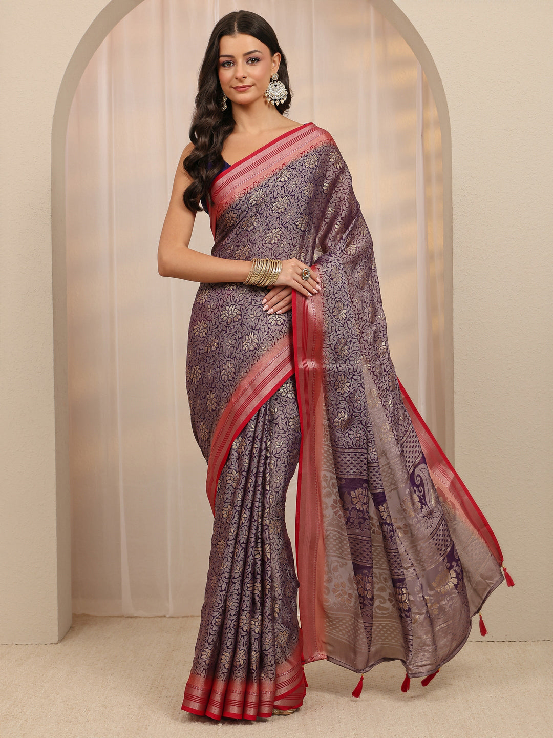  Purple Woven Design Silk Blend Saree 
With Unstitched Blouse Piece 