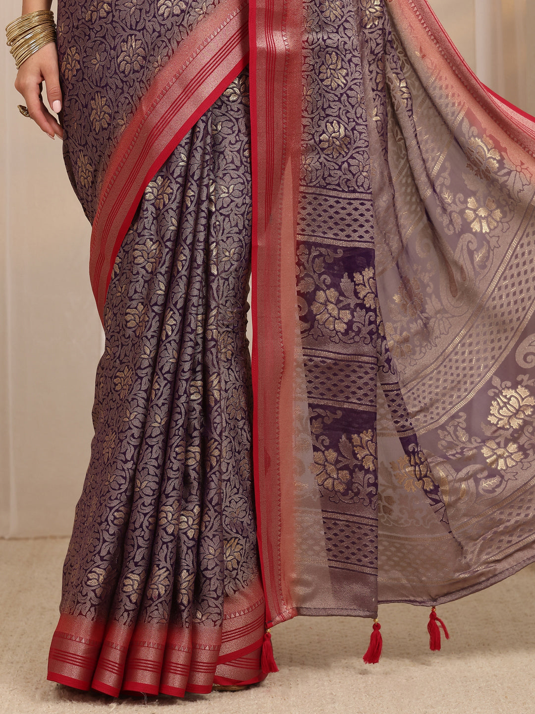  Purple Woven Design Silk Blend Saree 
With Unstitched Blouse Piece 