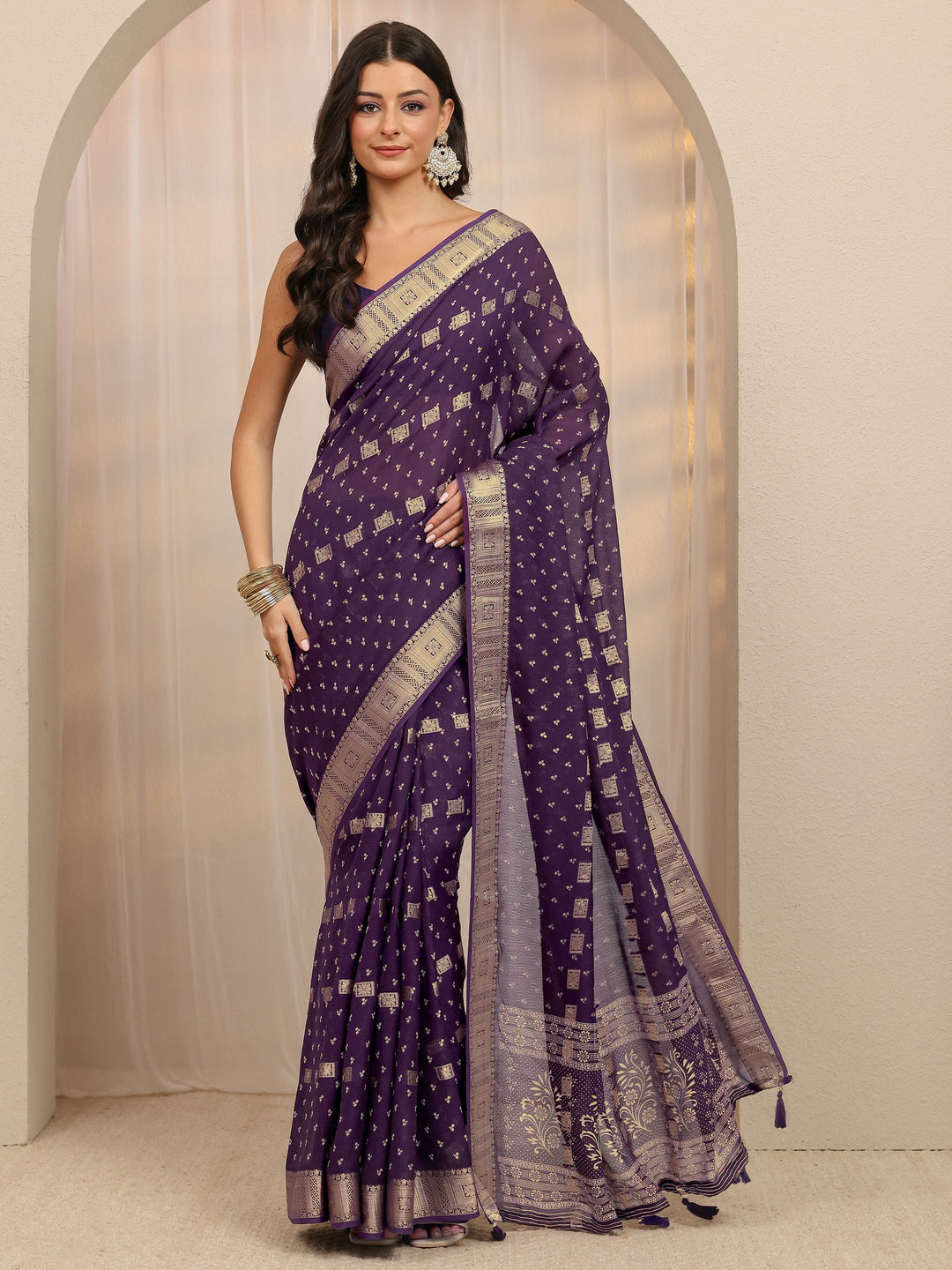  Purple Floral Woven Design Silk Blend Saree 
With Unstitched Blouse Piece 