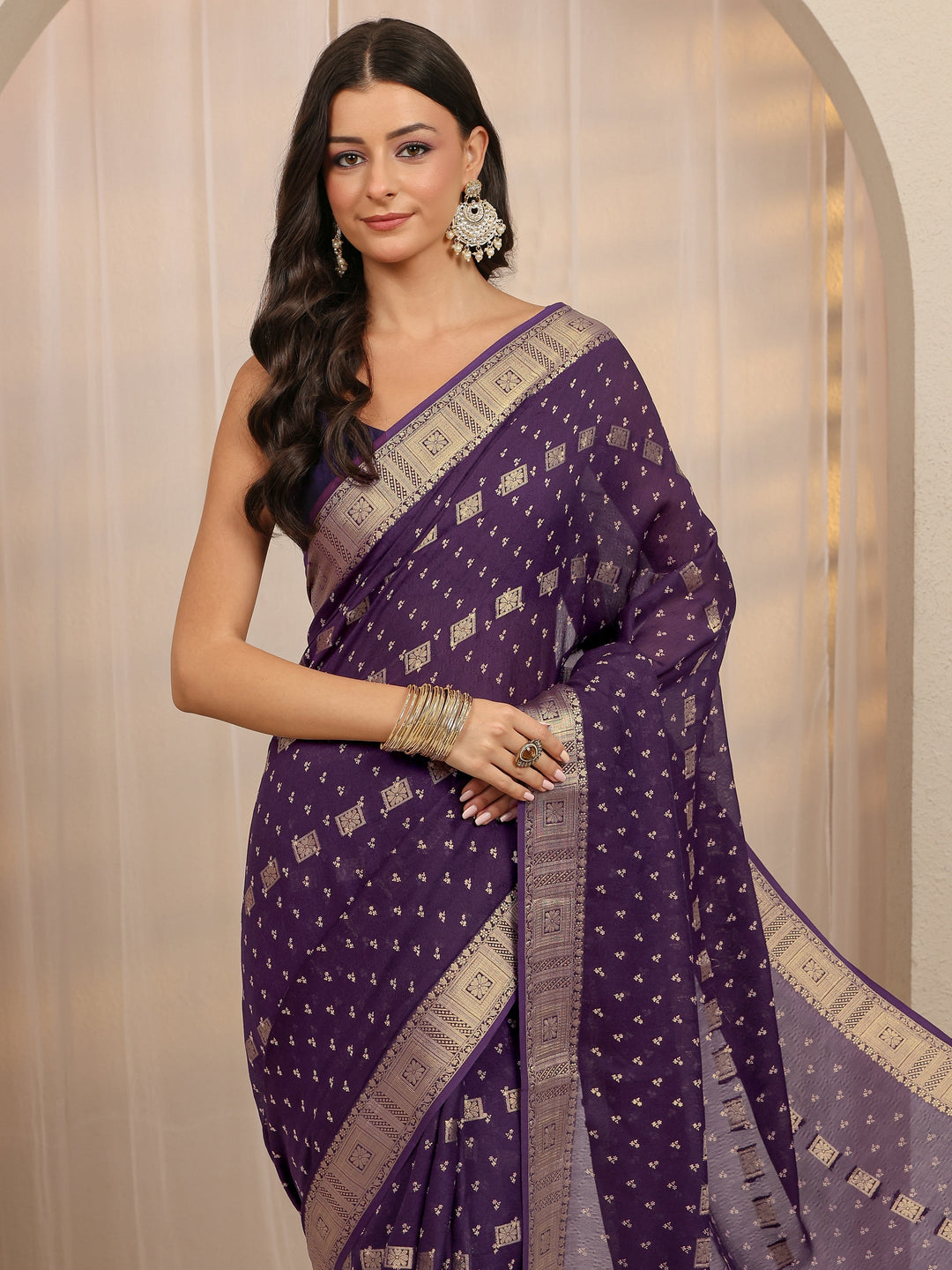  Purple Floral Woven Design Silk Blend Saree 
With Unstitched Blouse Piece 