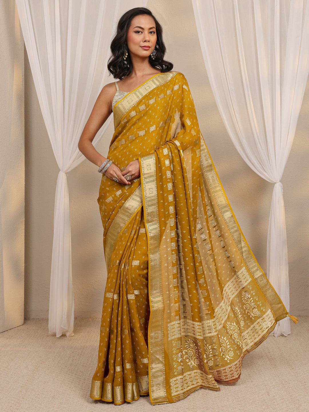  Mustard Ethnic Woven Design Silk Blend Saree With Unstitched Blouse Piece 