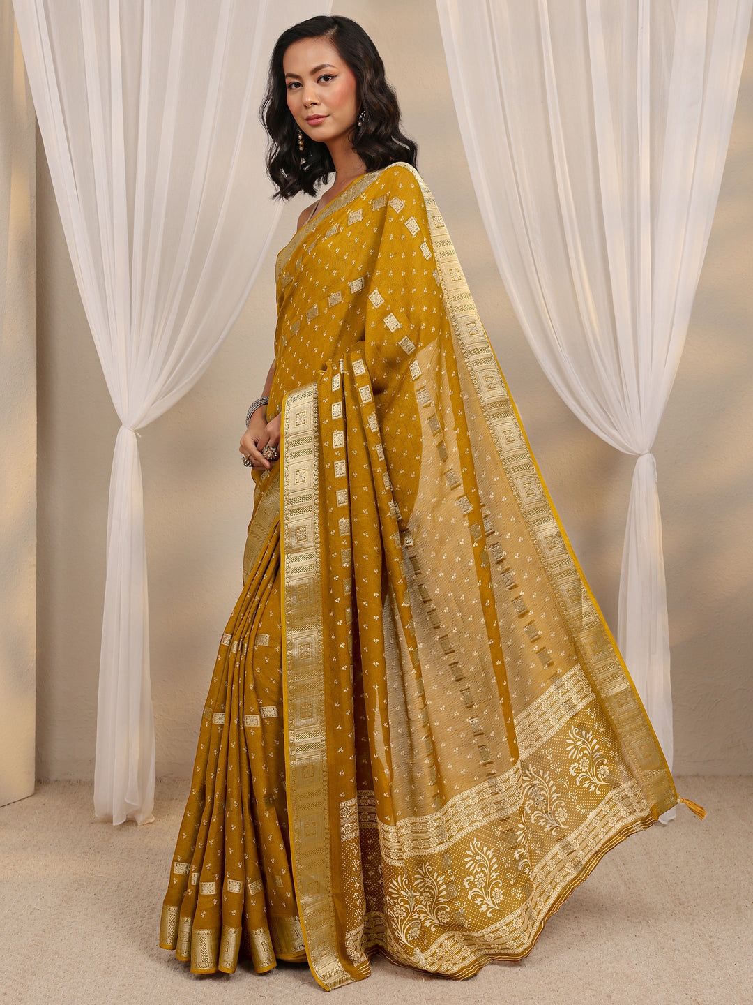  Mustard Ethnic Woven Design Silk Blend Saree With Unstitched Blouse Piece 