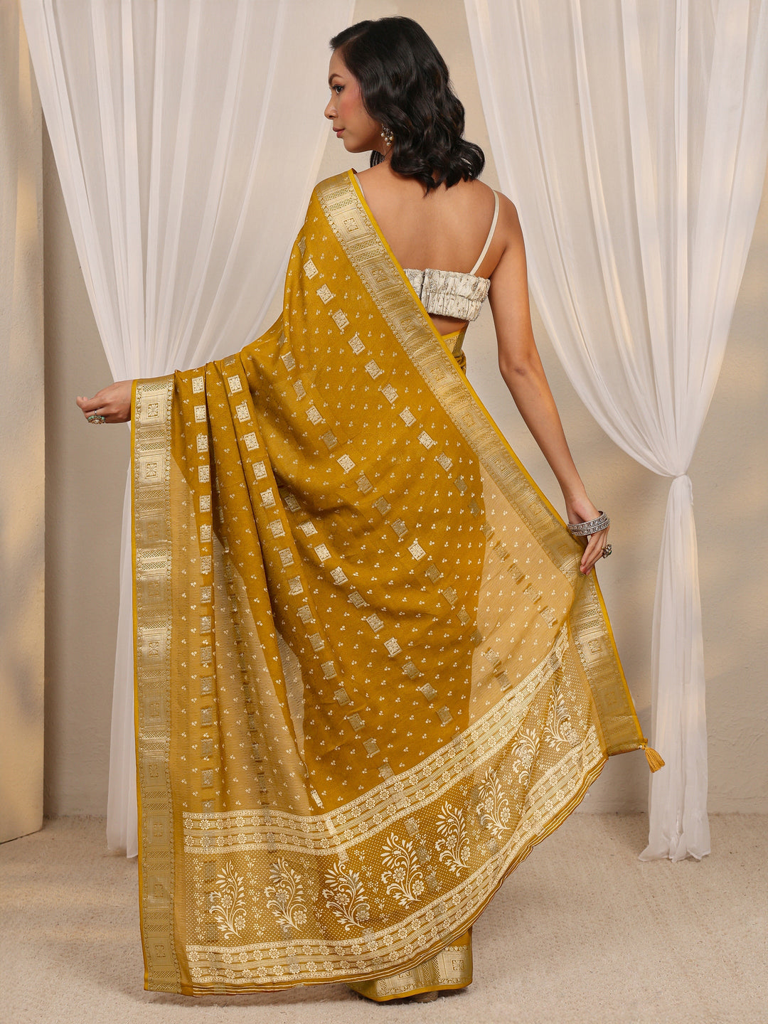  Mustard Ethnic Woven Design Silk Blend Saree With Unstitched Blouse Piece 