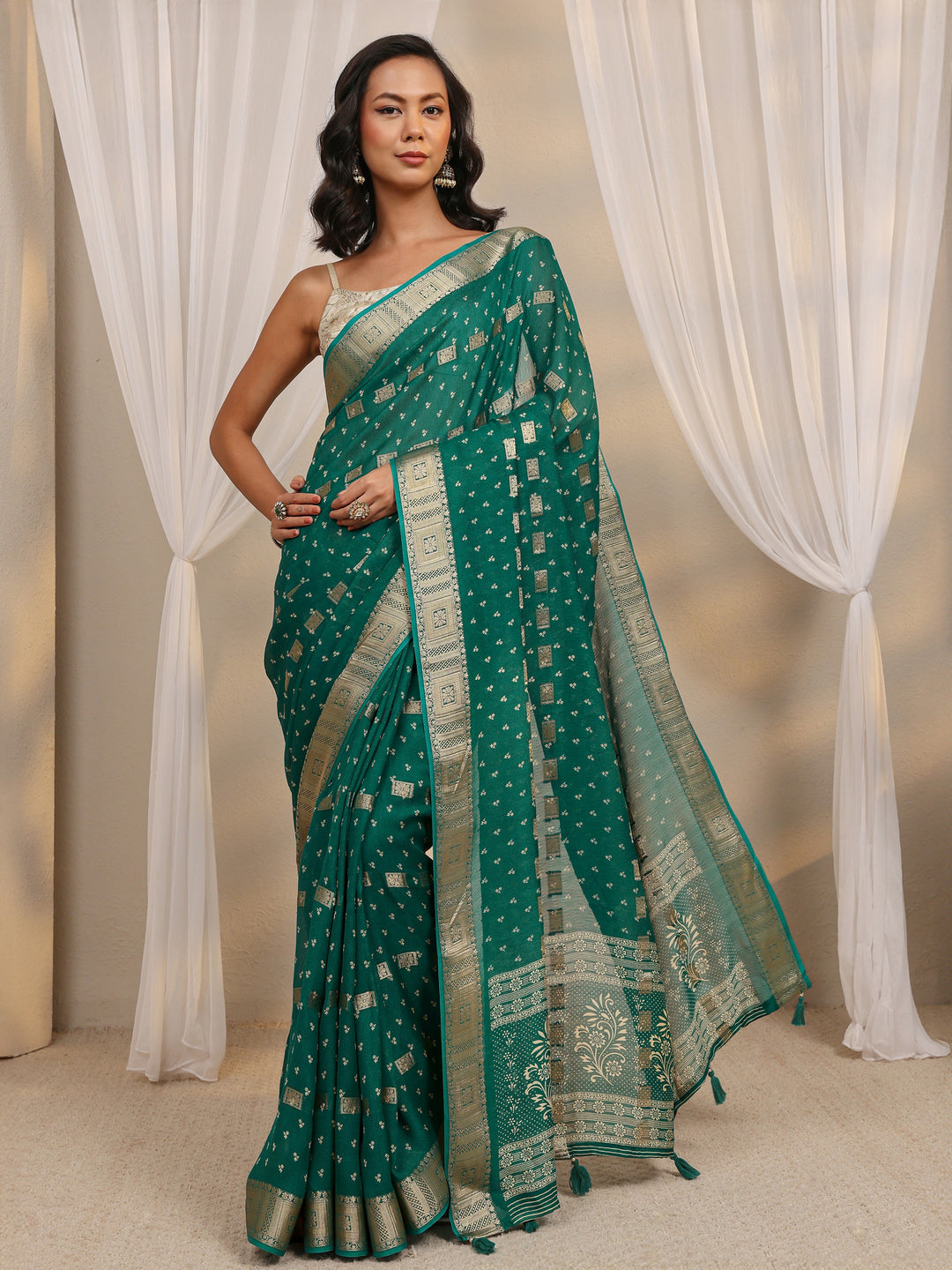  Green Ethnic Woven Design Silk Blend Saree With Unstitched Blouse Piece 