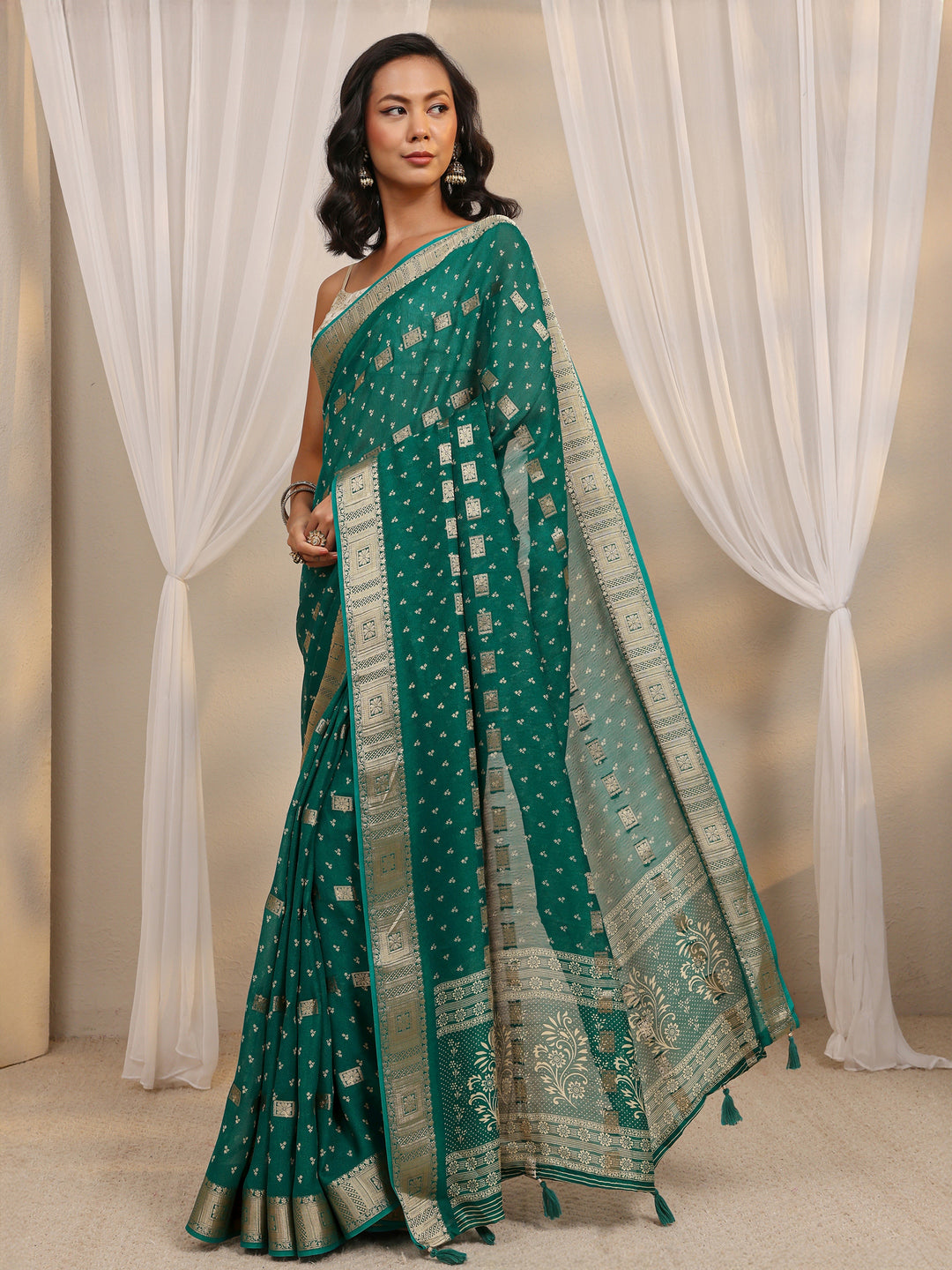  Green Ethnic Woven Design Silk Blend Saree With Unstitched Blouse Piece 