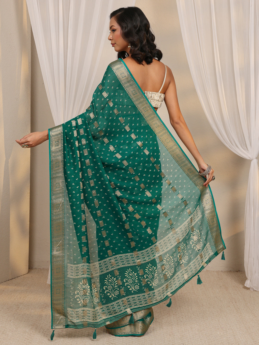  Green Ethnic Woven Design Silk Blend Saree With Unstitched Blouse Piece 
