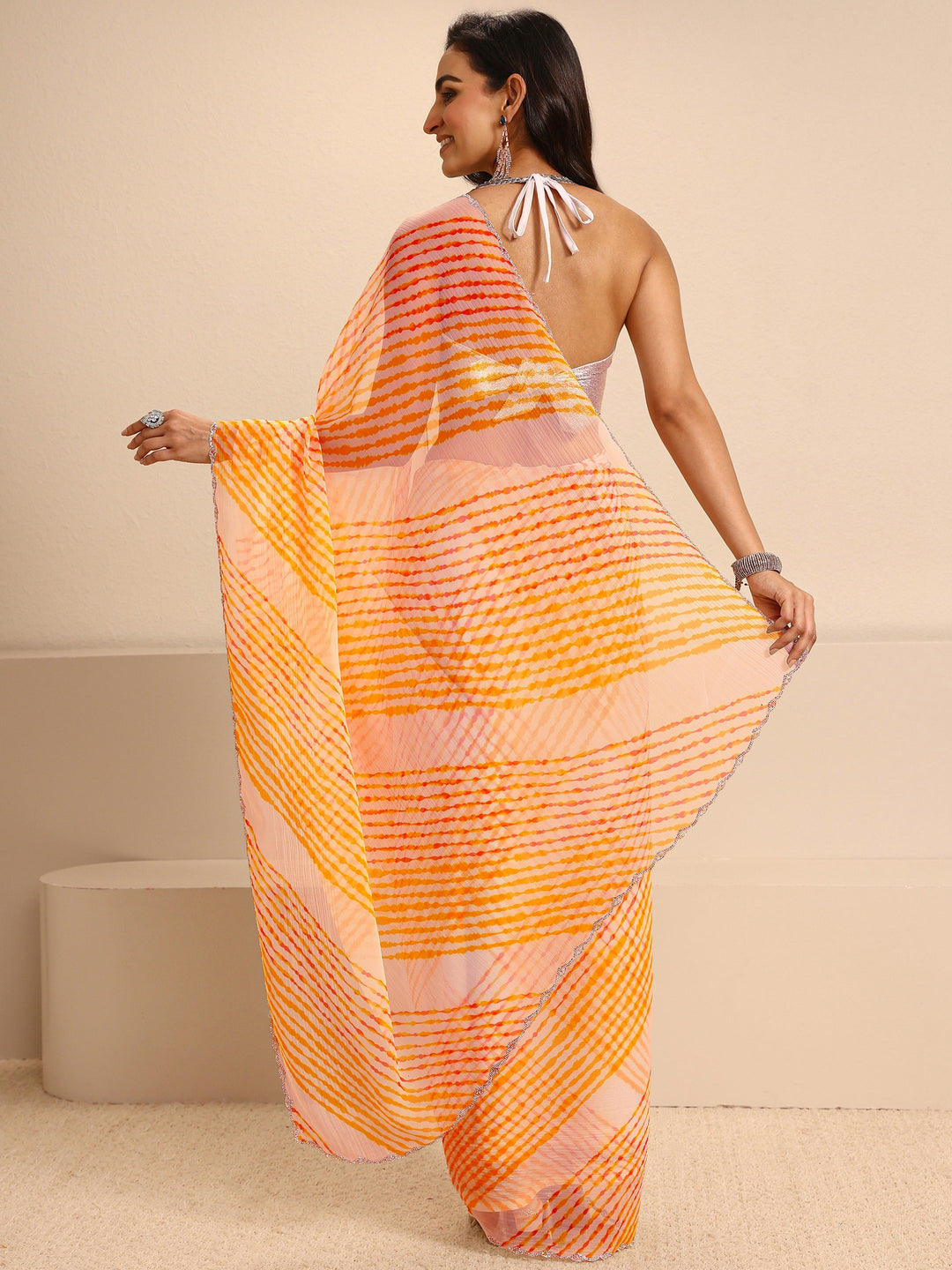 Multicolour Leheriya Printed Chiffon Saree With Unstitched Blouse Piece 