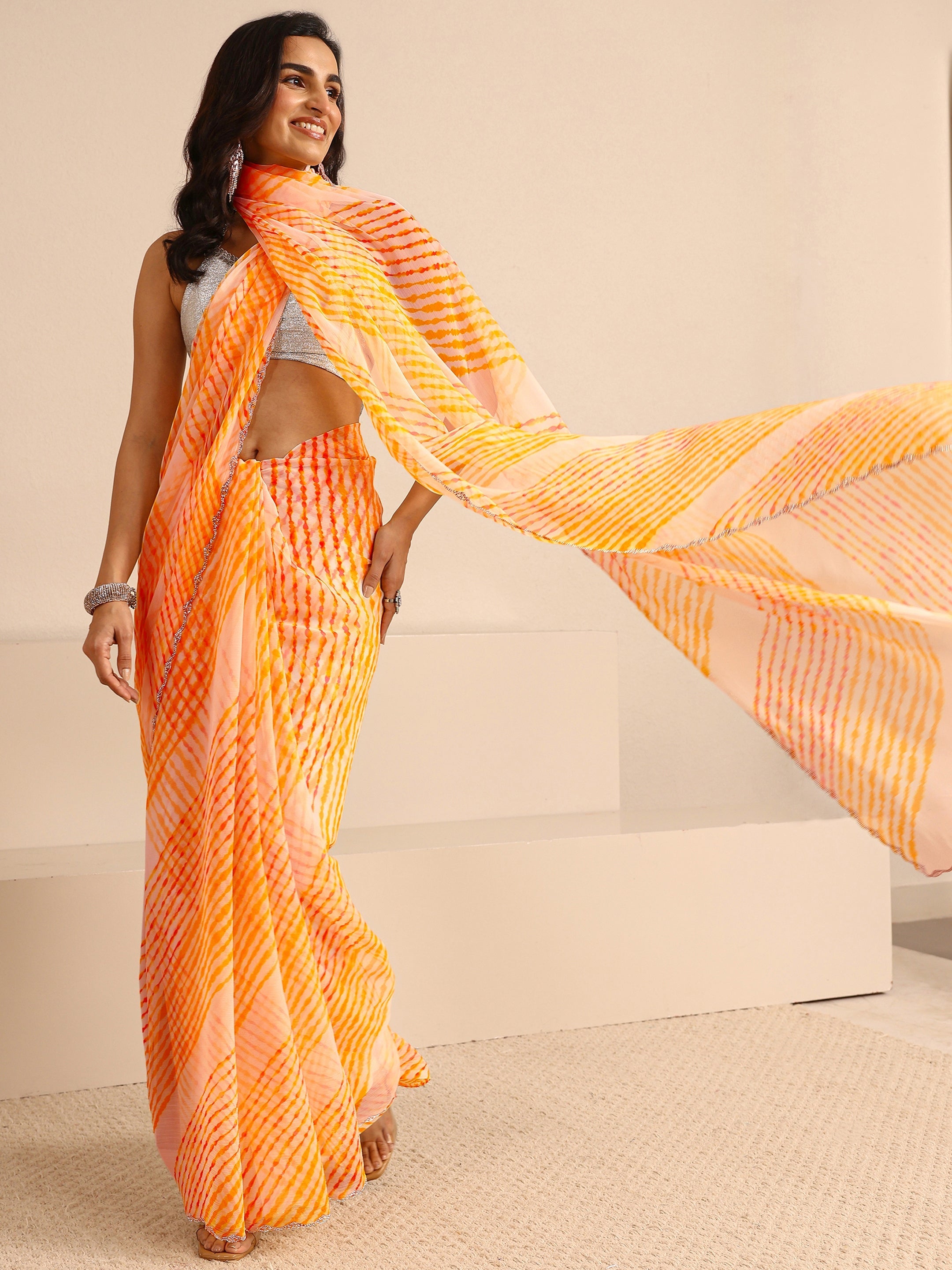 libas Multicolour Leheriya Printed Chiffon Saree With Unstitched Blouse Piece-picture-11
