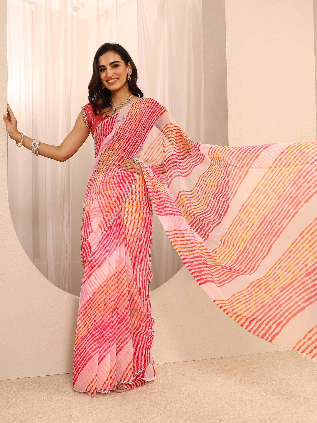 Multicolour Leheriya Printed Chiffon Saree With Unstitched Blouse Piece