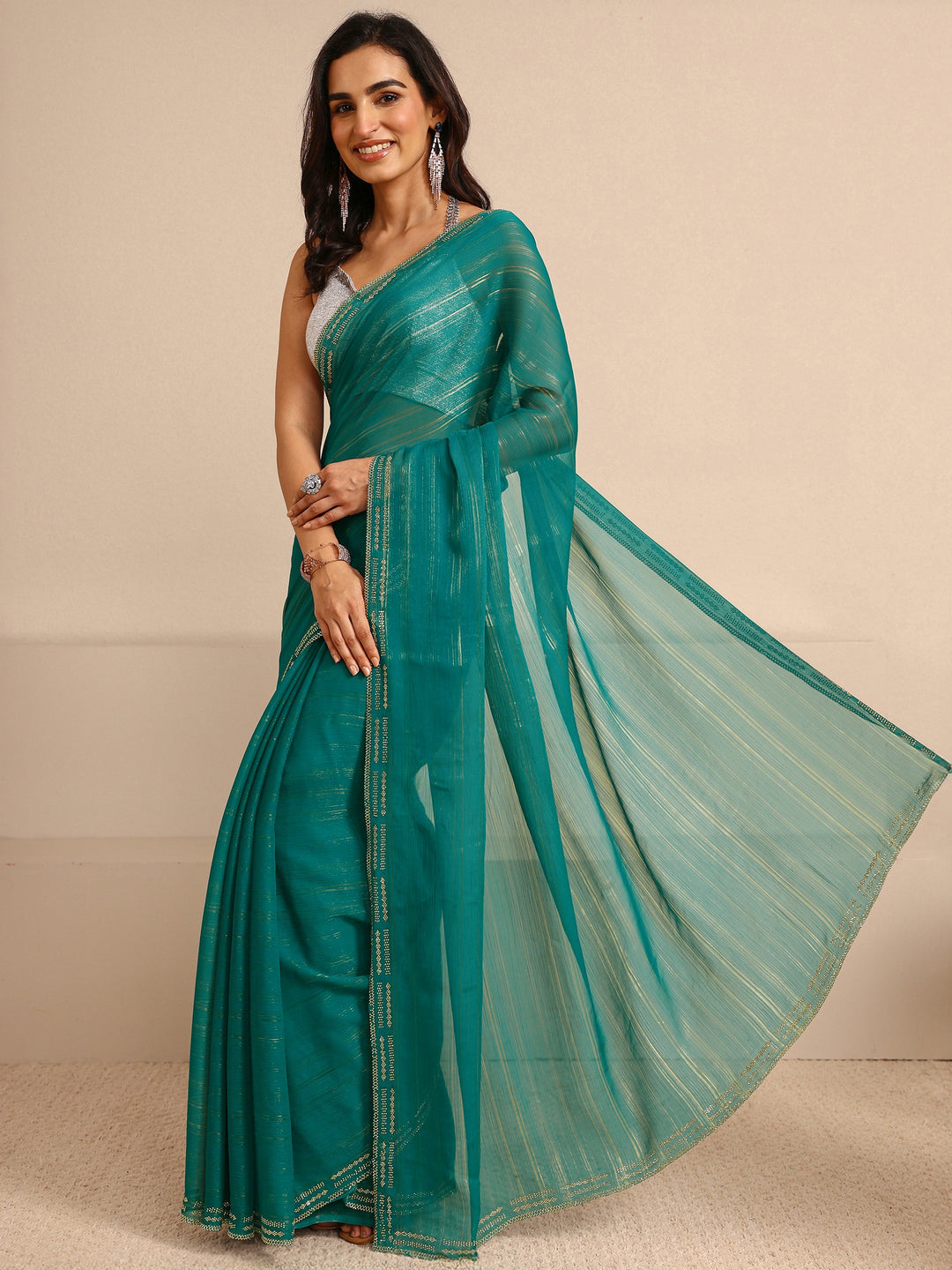 Green Sheen Tissue Saree With Unstitched Blouse Piece 