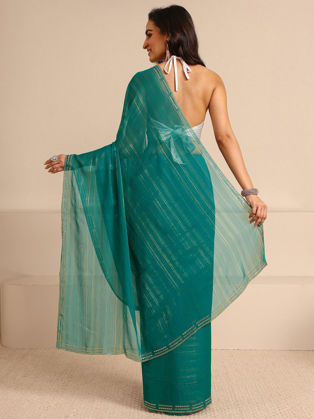 Green Sheen Tissue Saree With Unstitched Blouse Piece 