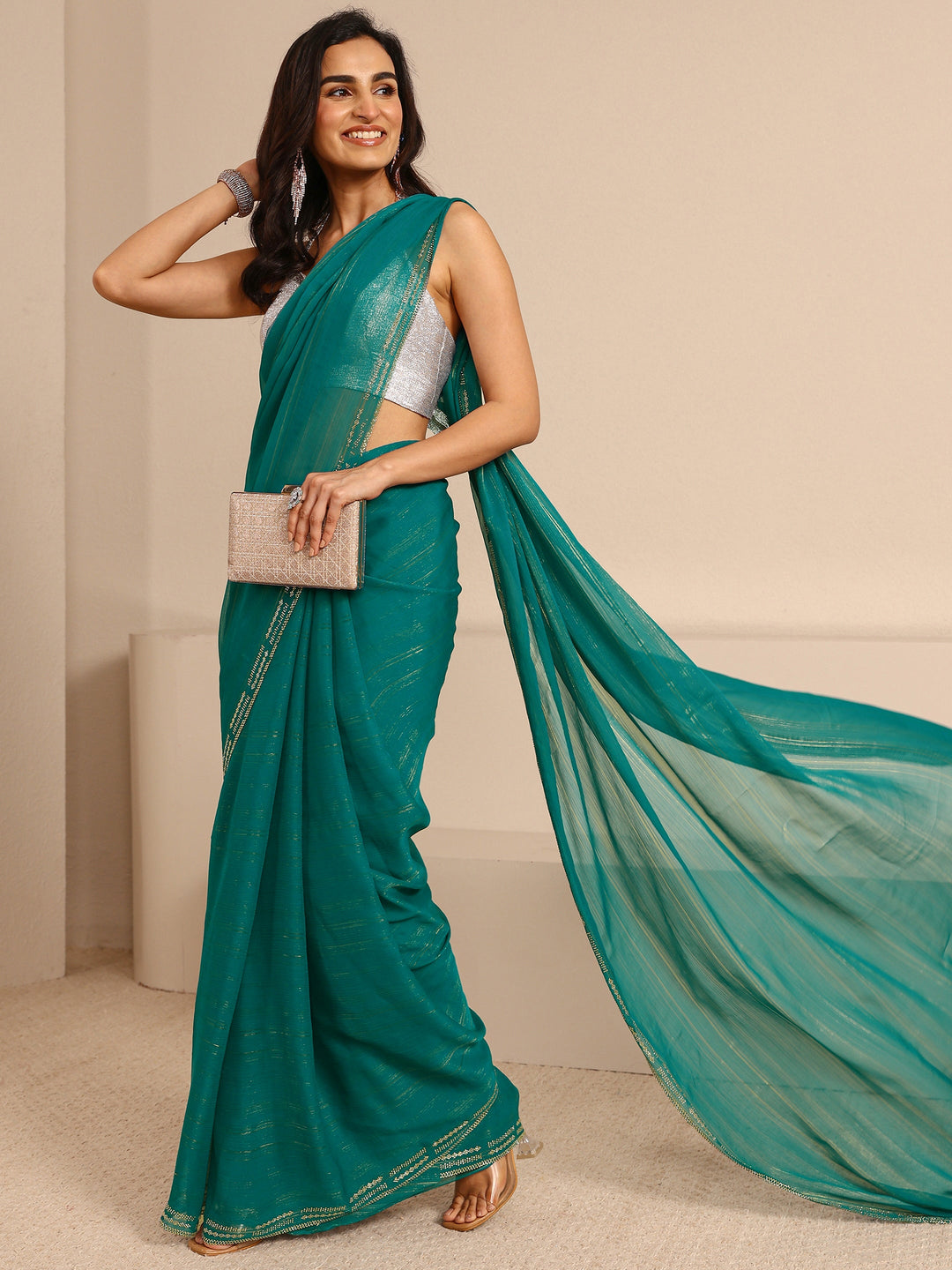  Green Sheen Tissue Saree With Unstitched Blouse Piece 