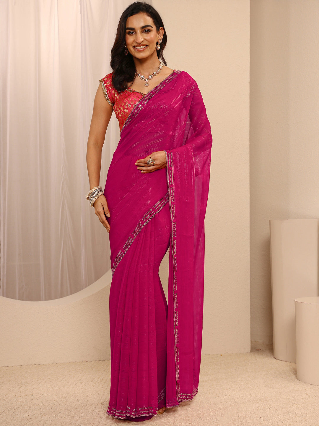  Pink Sheen Tissue Saree  With Unstitched Blouse Piece 