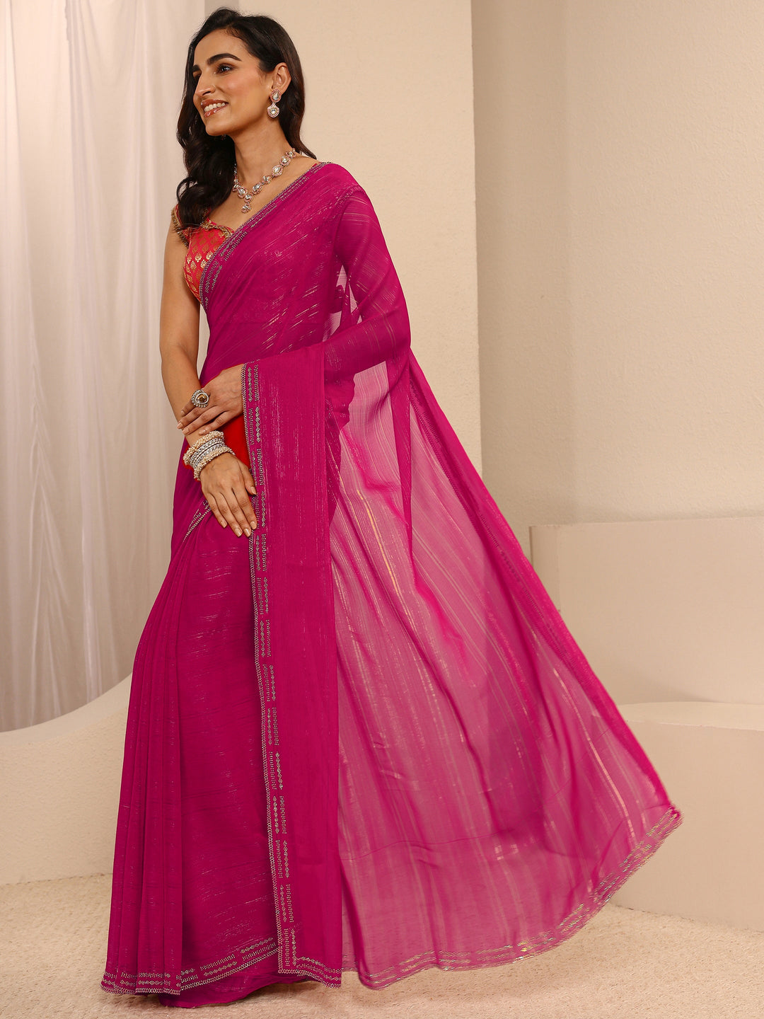  Pink Sheen Tissue Saree  With Unstitched Blouse Piece 
