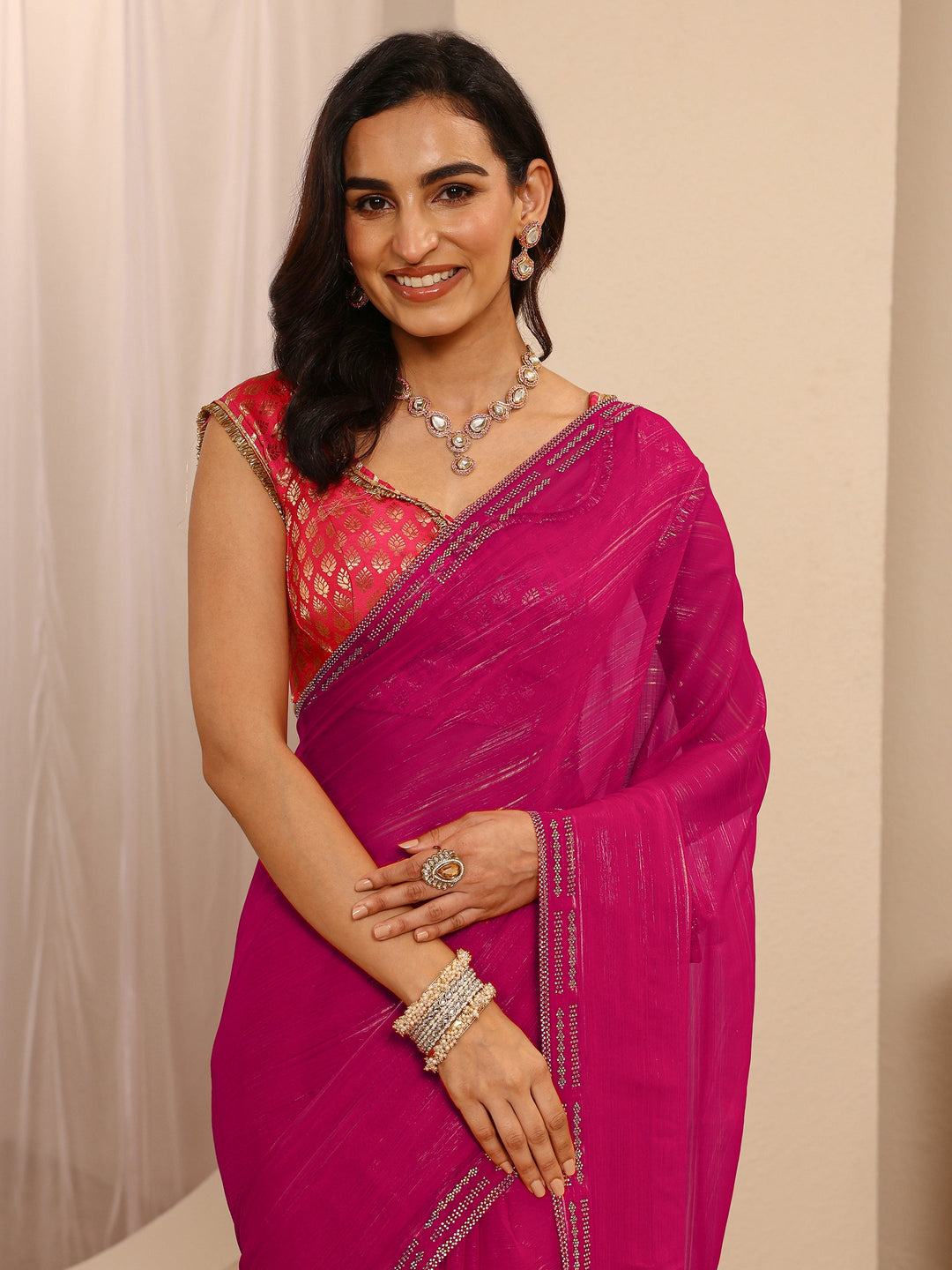  Pink Sheen Tissue Saree  With Unstitched Blouse Piece 