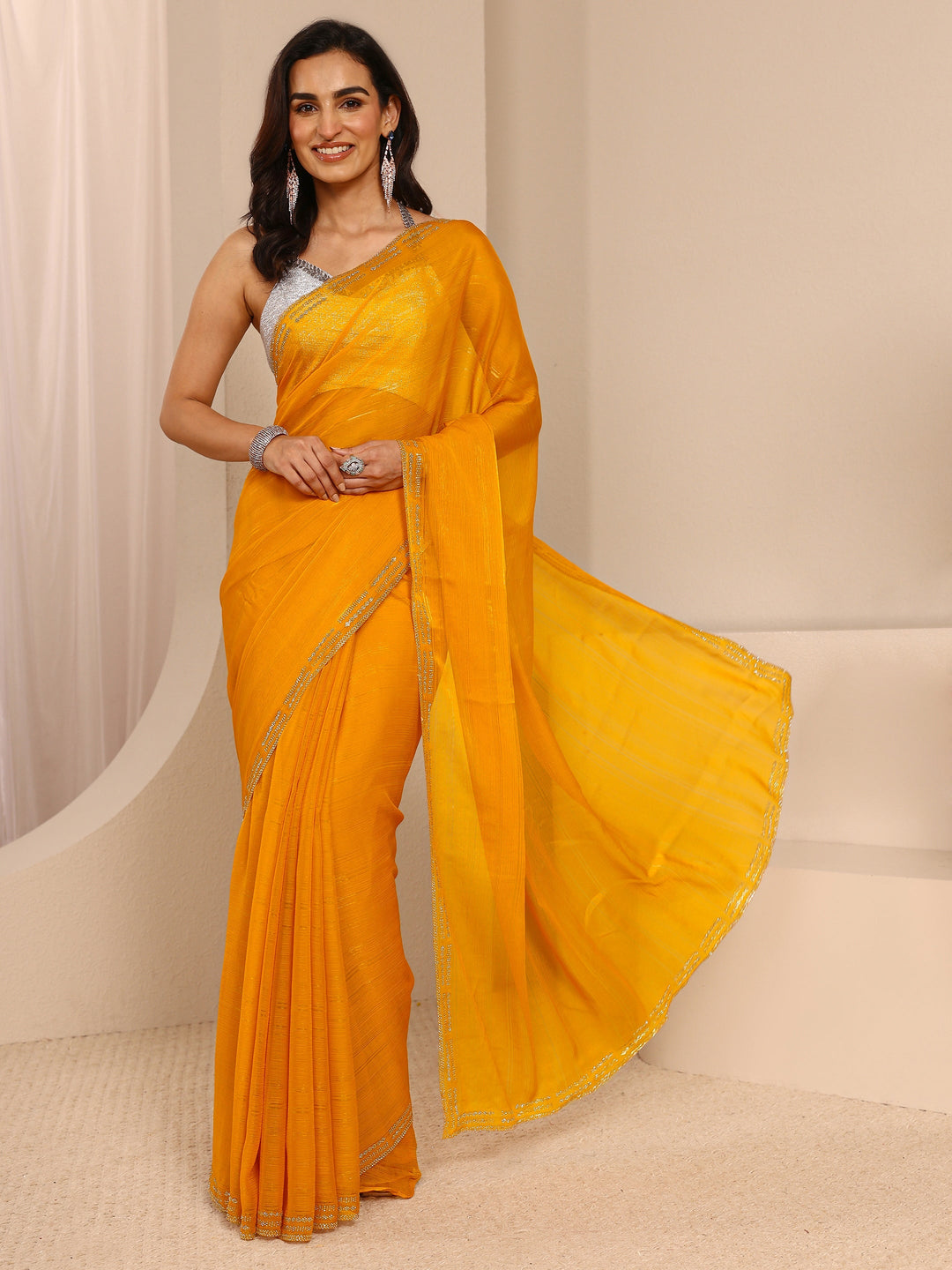  Mustard Embellished Embellished Tissue Saree With Unstitched Blouse Piece 
