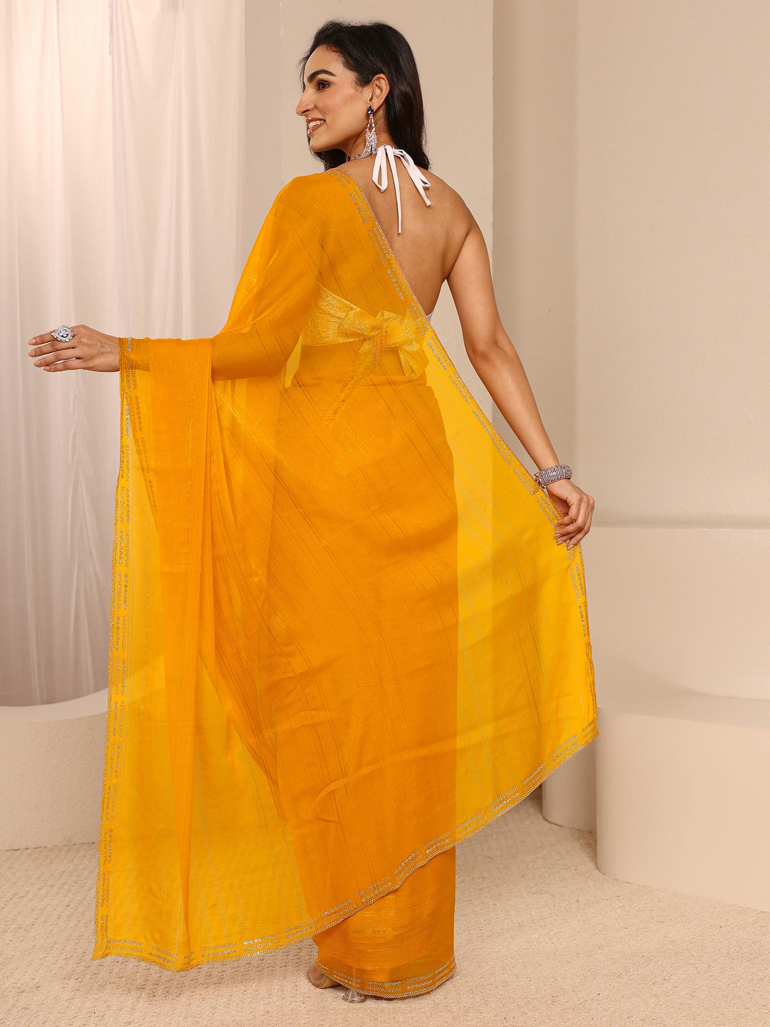  Mustard Embellished Embellished Tissue Saree With Unstitched Blouse Piece 