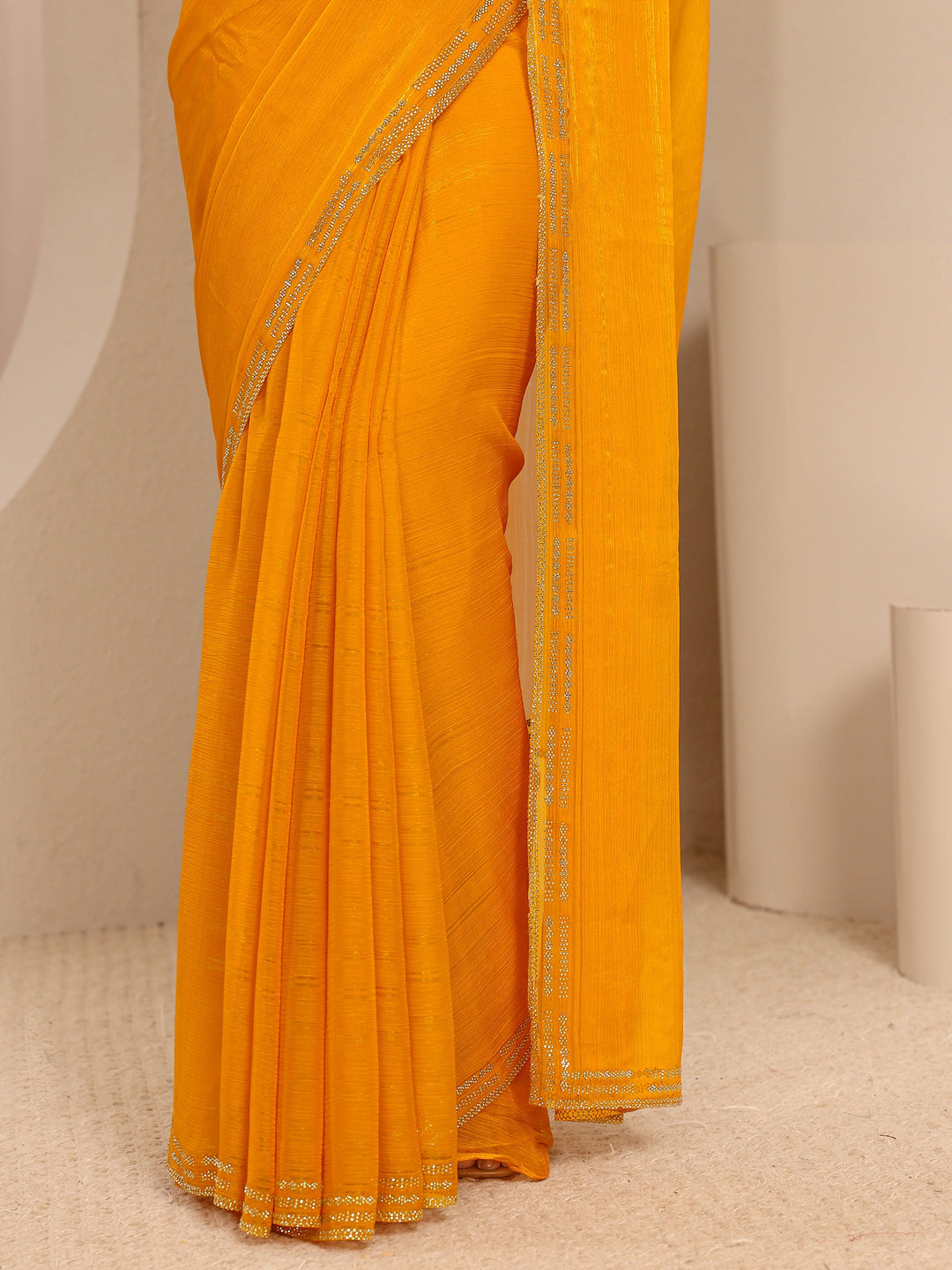 Mustard Embellished Embellished Tissue Saree With Unstitched Blouse Piece 