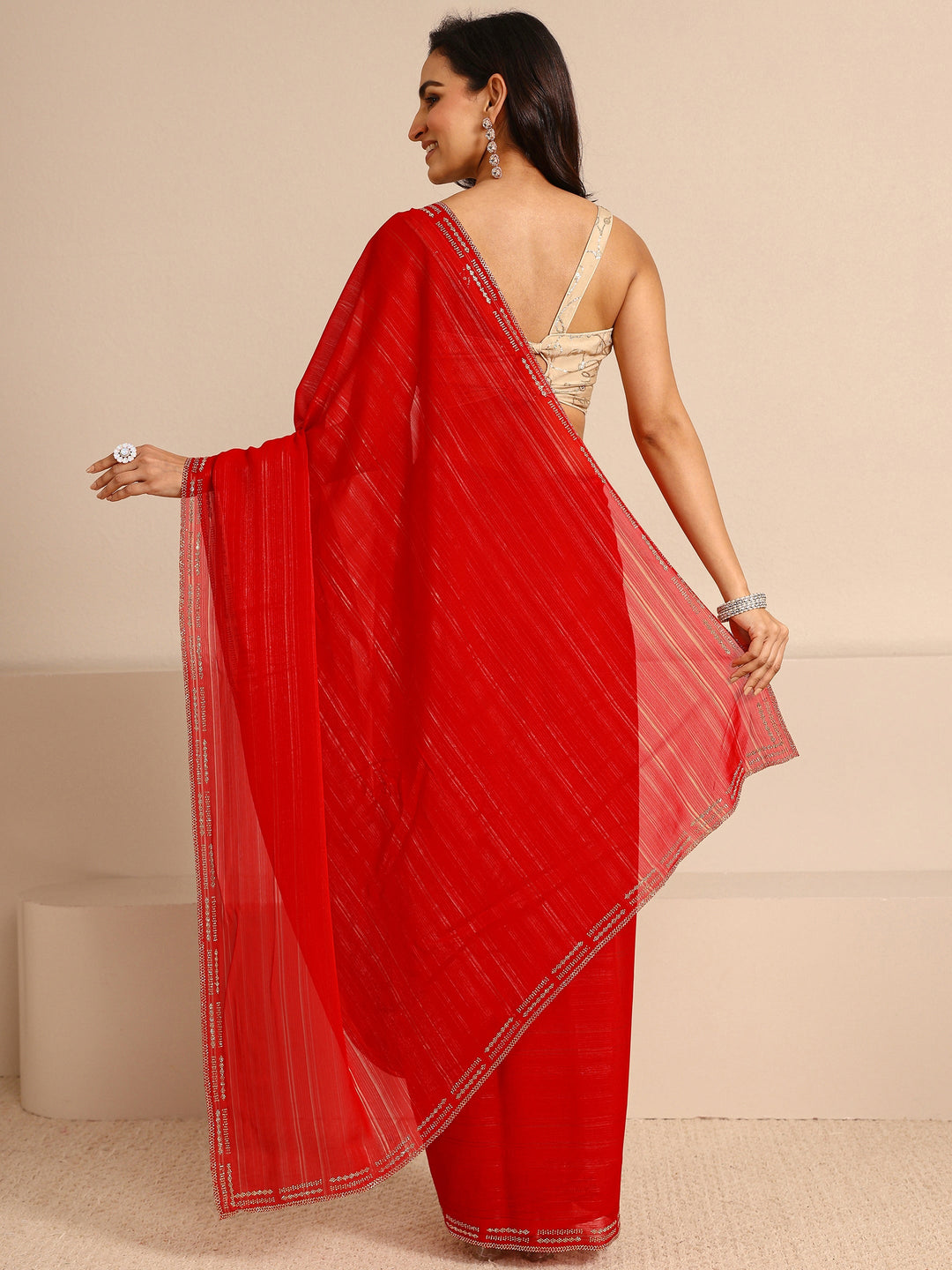  Red Sheen Tissue Saree With Unstitched Blouse Piece 