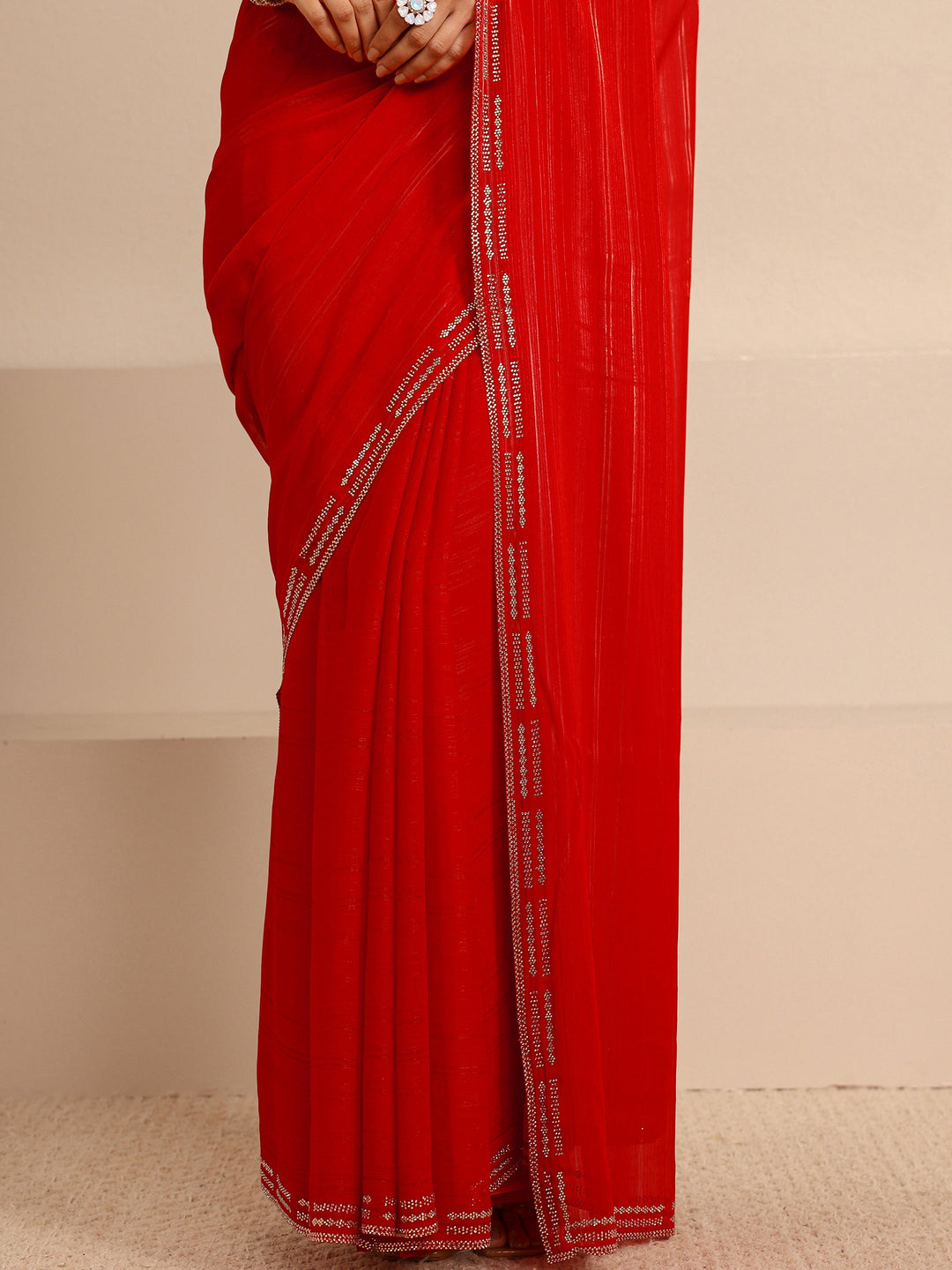  Red Sheen Tissue Saree With Unstitched Blouse Piece 