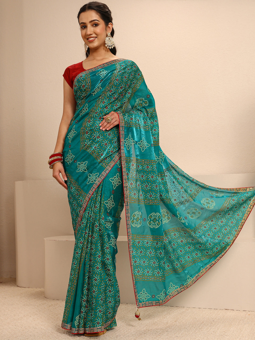  Green Bandhani Printed Silk Blend Saree With Unstitched Blouse Piece 