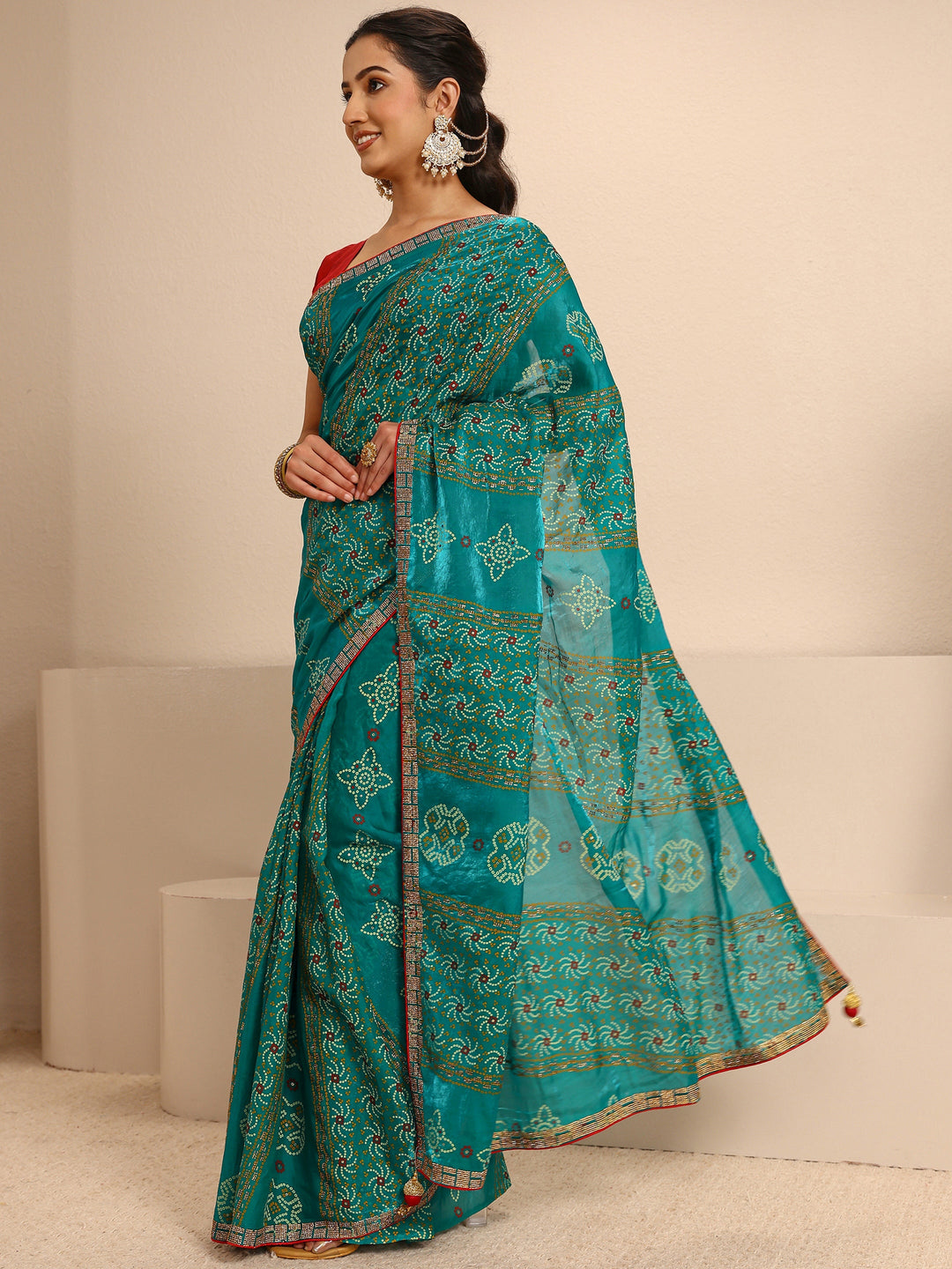  Green Bandhani Printed Silk Blend Saree With Unstitched Blouse Piece 