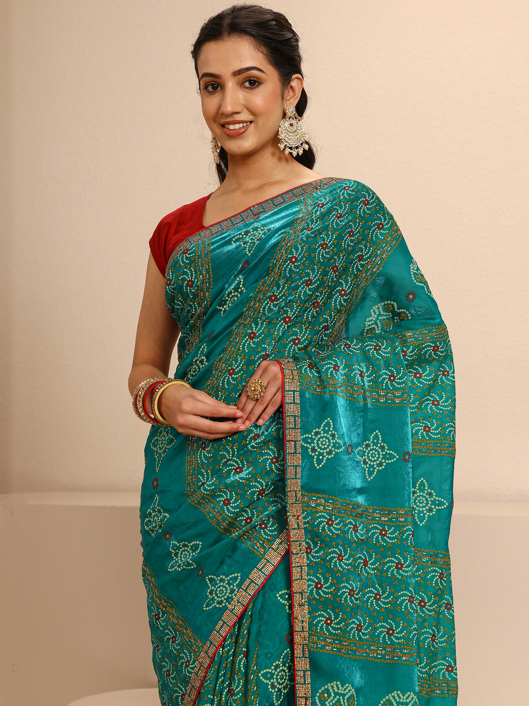  Green Bandhani Printed Silk Blend Saree With Unstitched Blouse Piece 