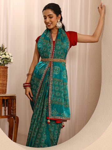 Green Bandhani Printed Silk Blend Saree With Unstitched Blouse Piece
