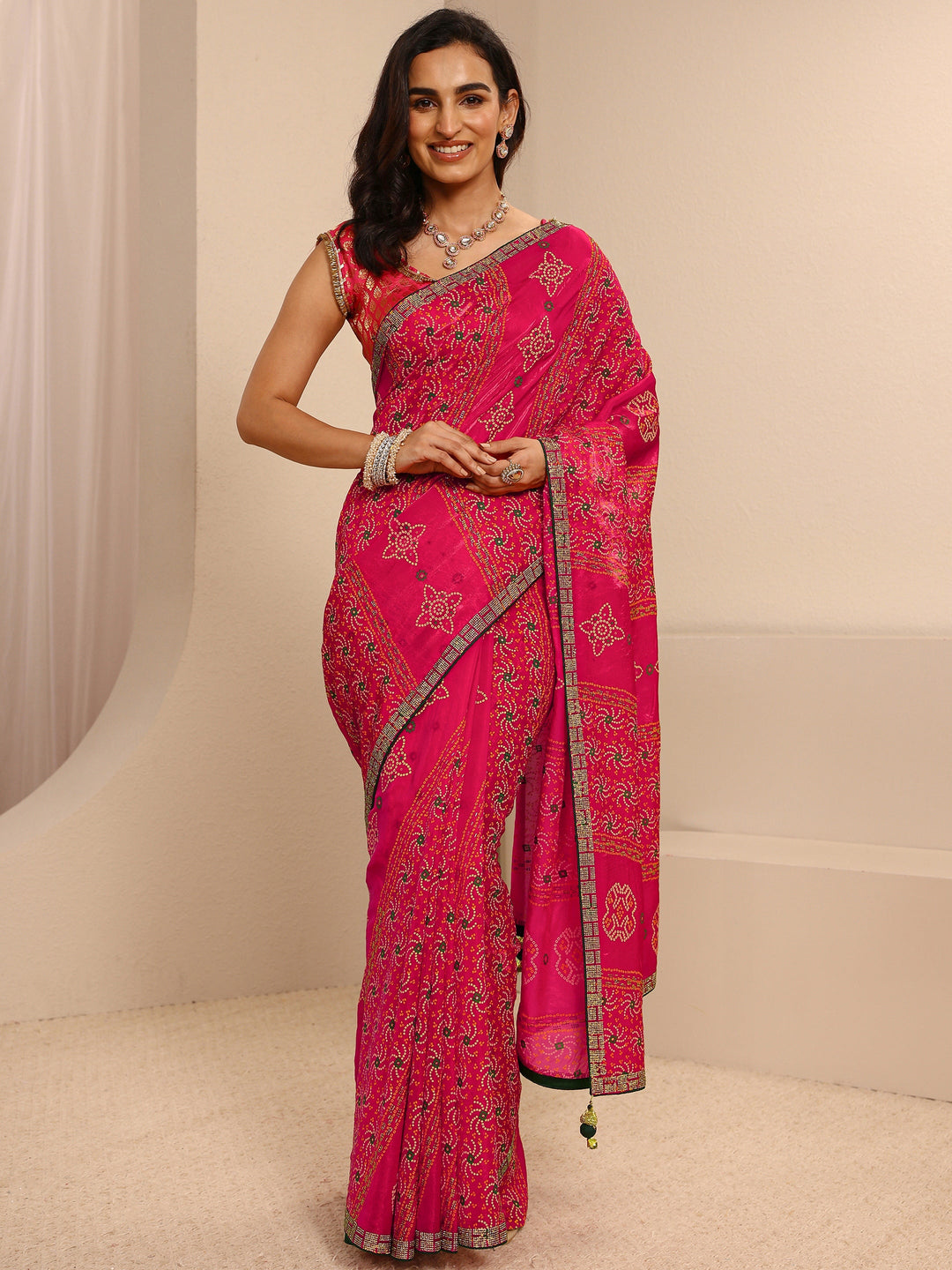  Pink Bandhani Printed Silk Blend Saree With Unstitched Blouse Piece 