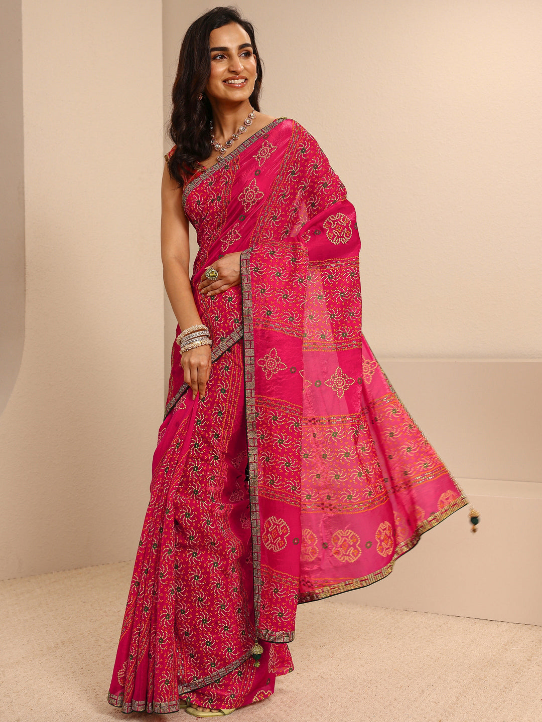  Pink Bandhani Printed Silk Blend Saree With Unstitched Blouse Piece 