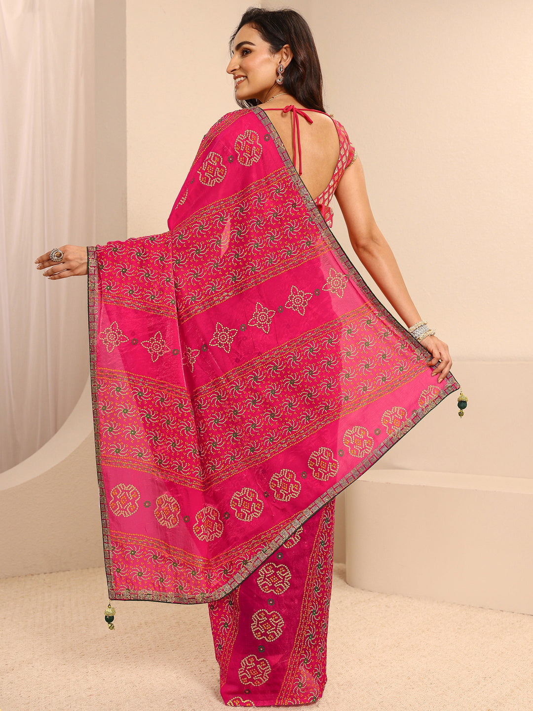  Pink Bandhani Printed Silk Blend Saree With Unstitched Blouse Piece 