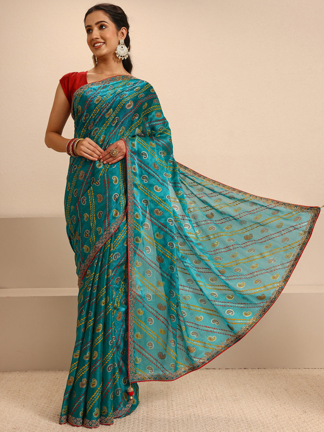  Green Paisley Printed Silk Blend Saree With Unstitched Blouse Piece 