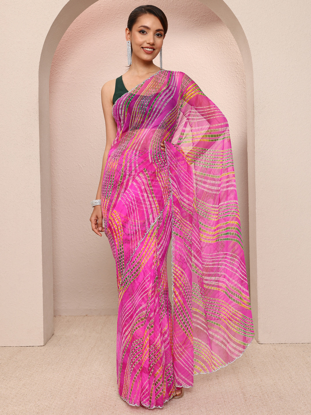  Pink Leheriya Printed Chiffon Saree
With Unstitched Blouse Piece 