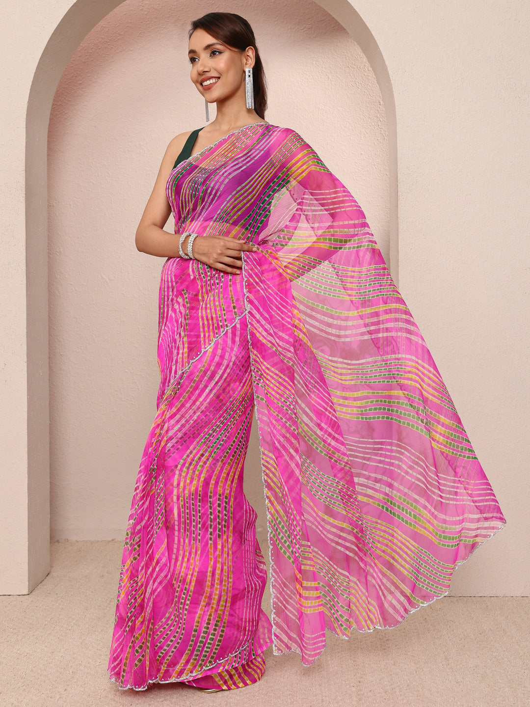  Pink Leheriya Printed Chiffon Saree
With Unstitched Blouse Piece 