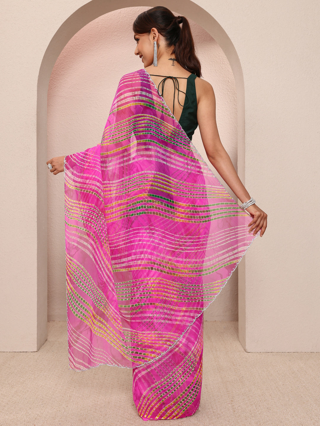  Pink Leheriya Printed Chiffon Saree
With Unstitched Blouse Piece 