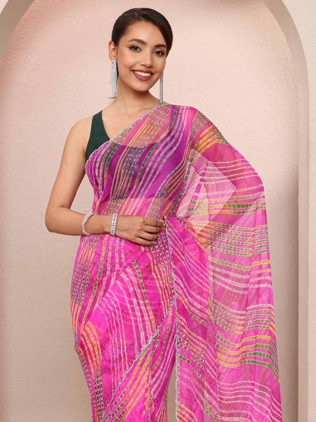 Pink Leheriya Printed Chiffon Saree
With Unstitched Blouse Piece
