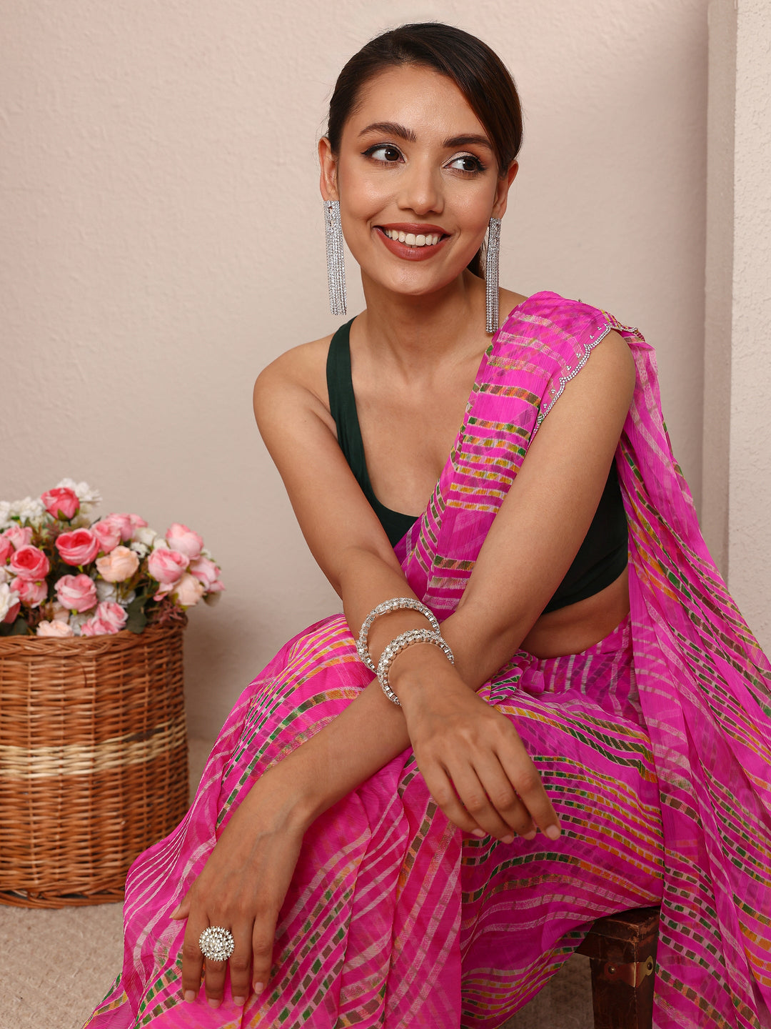  Pink Leheriya Printed Chiffon Saree
With Unstitched Blouse Piece 