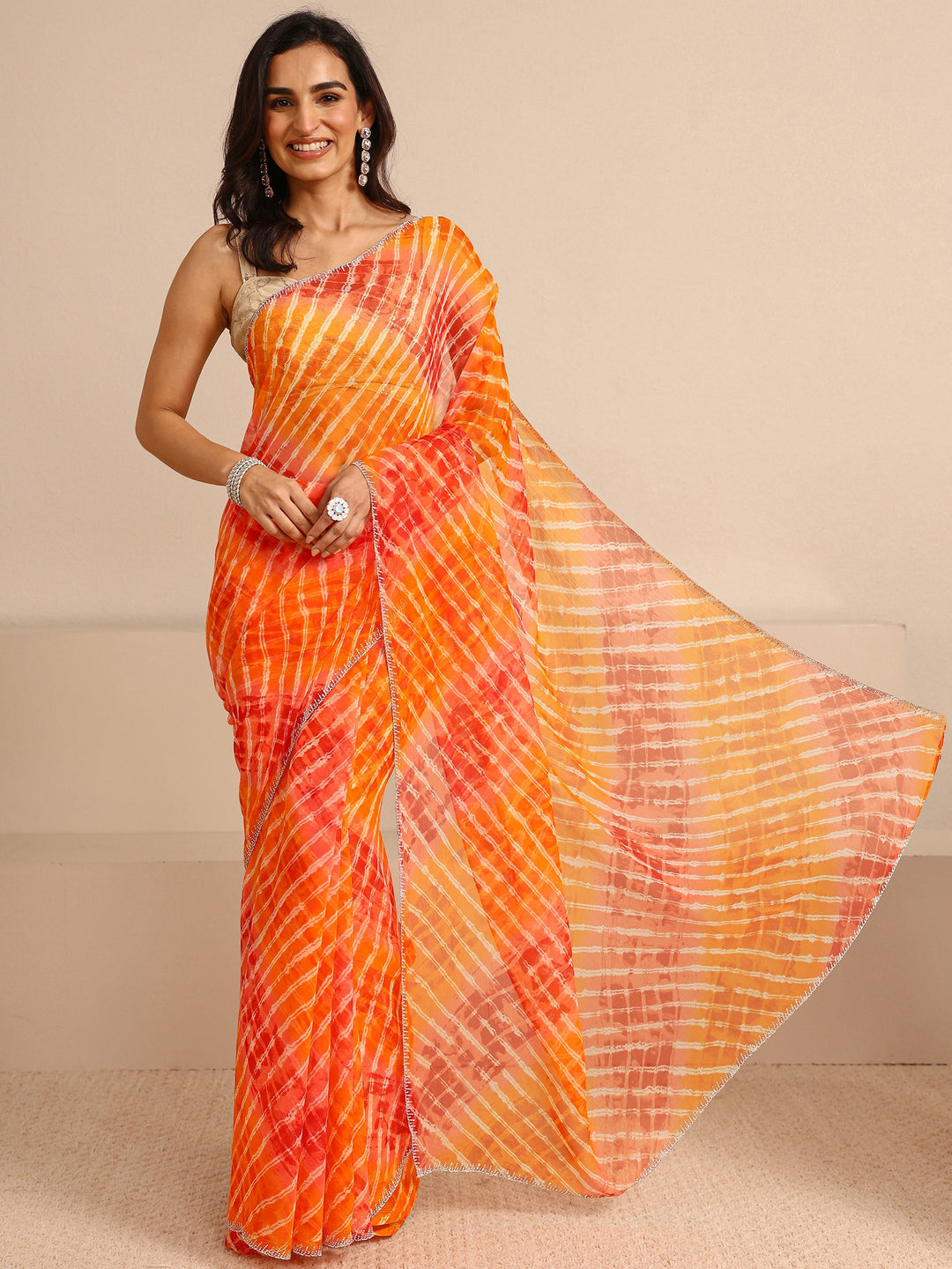  Orange Leheriya Printed Tie & Dye Chiffon Saree With Unstitched Blouse Piece 