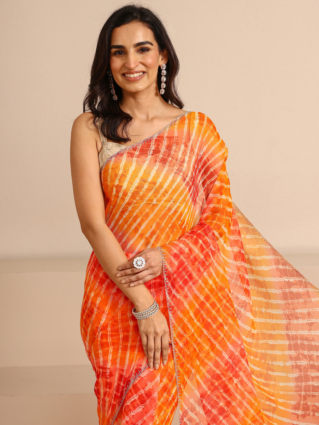 Orange Leheriya Printed Tie & Dye Chiffon Saree With Unstitched Blouse Piece